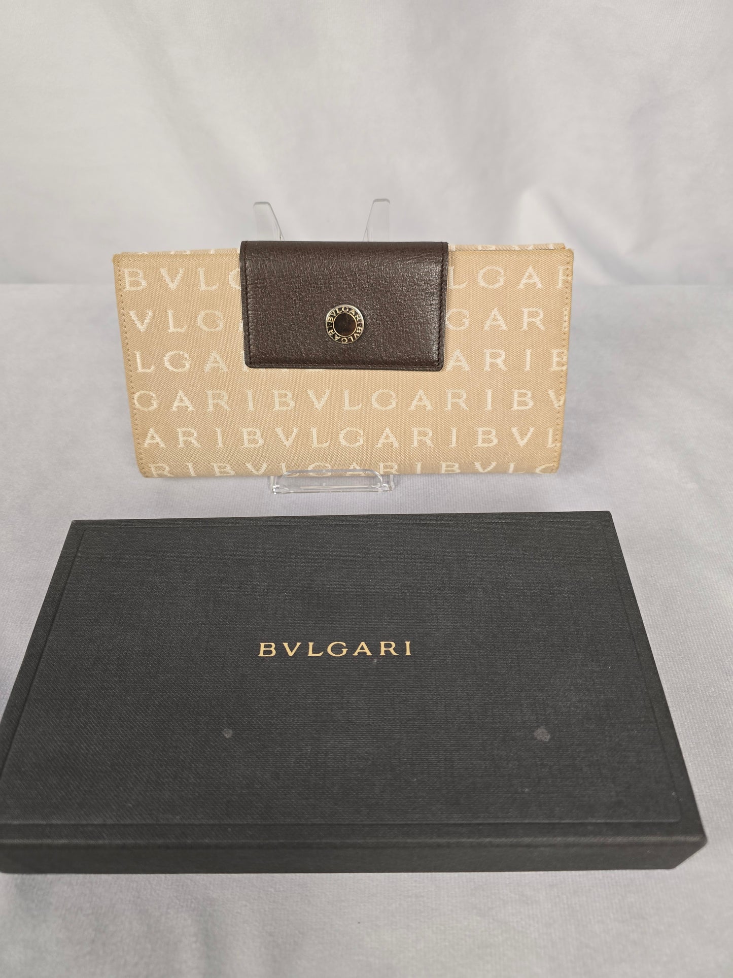 Bvlgari Vintage Tan Canvas and Brown Leather Double Bifold Wallet