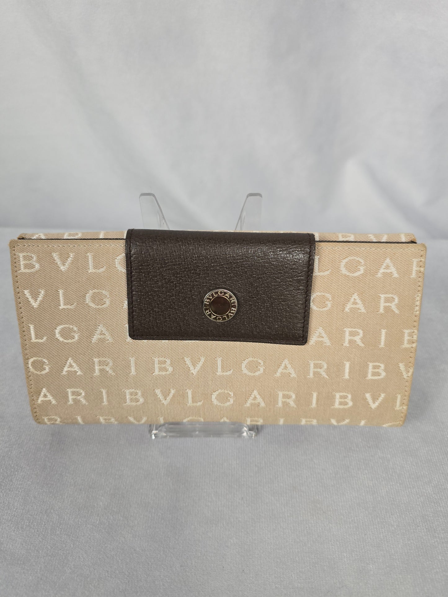 Bvlgari Vintage Tan Canvas and Brown Leather Double Bifold Wallet