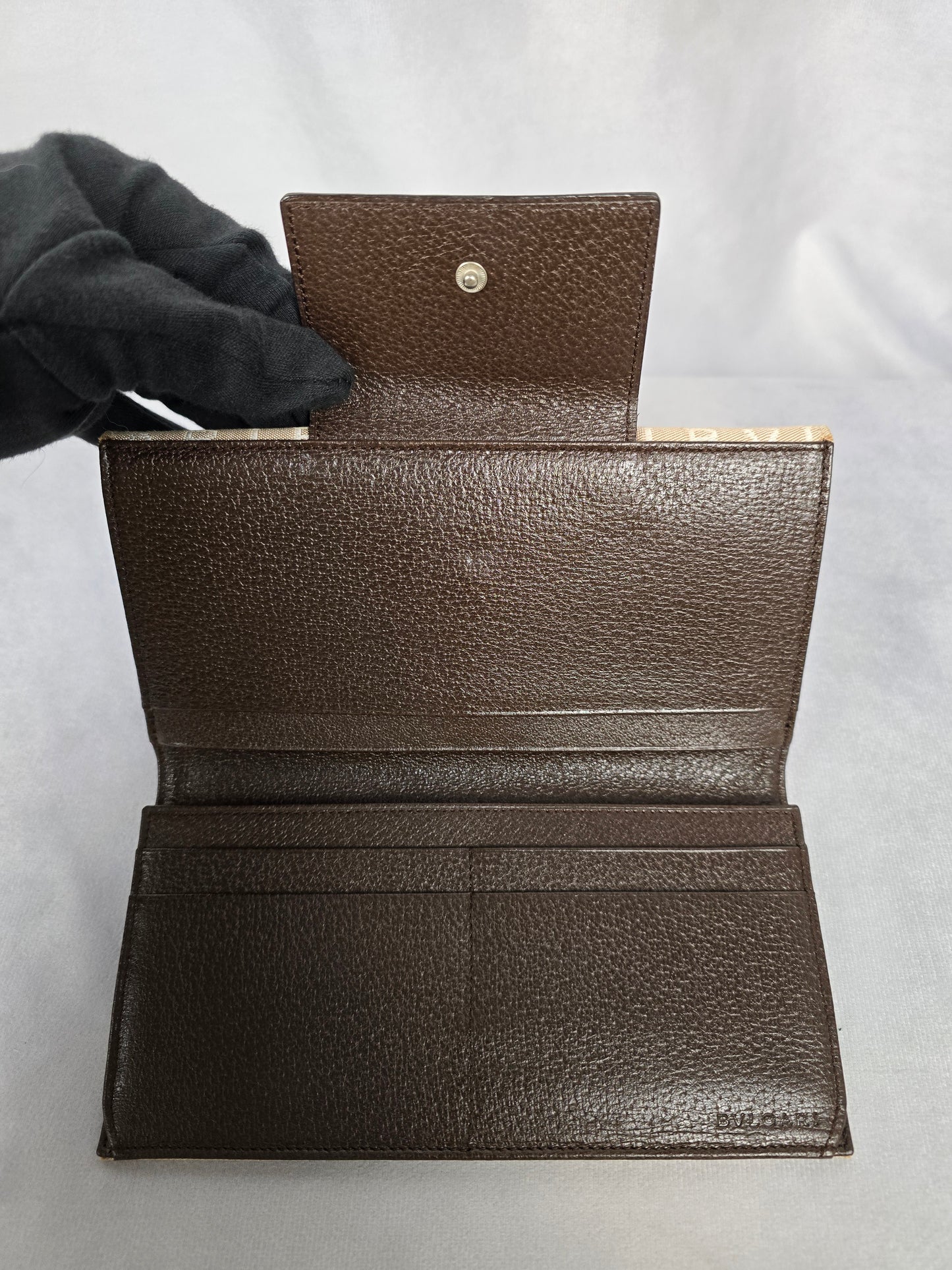 Bvlgari Vintage Tan Canvas and Brown Leather Double Bifold Wallet