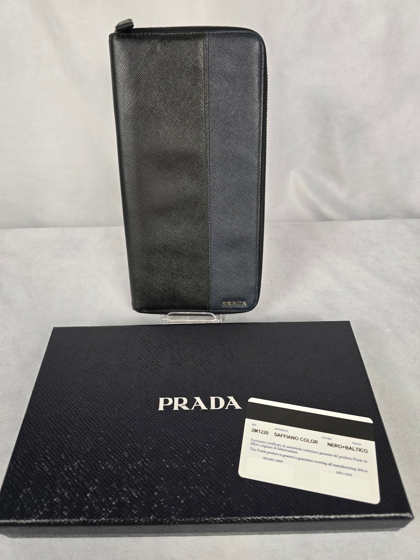 Prada Saffiano Black/Blue Leather Zip Around Organizer/Travel Wallet