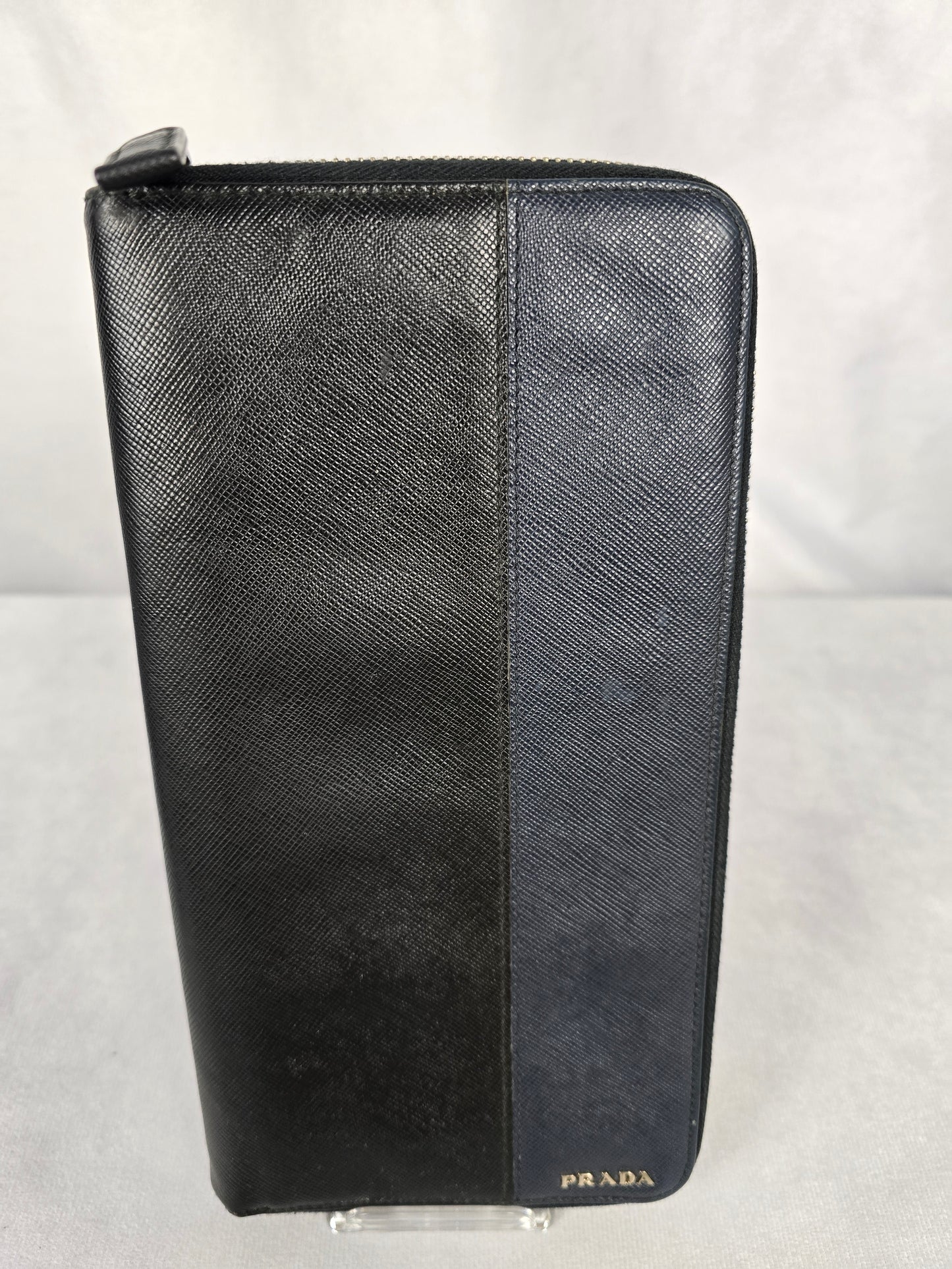 Prada Saffiano Black/Blue Leather Zip Around Organizer/Travel Wallet
