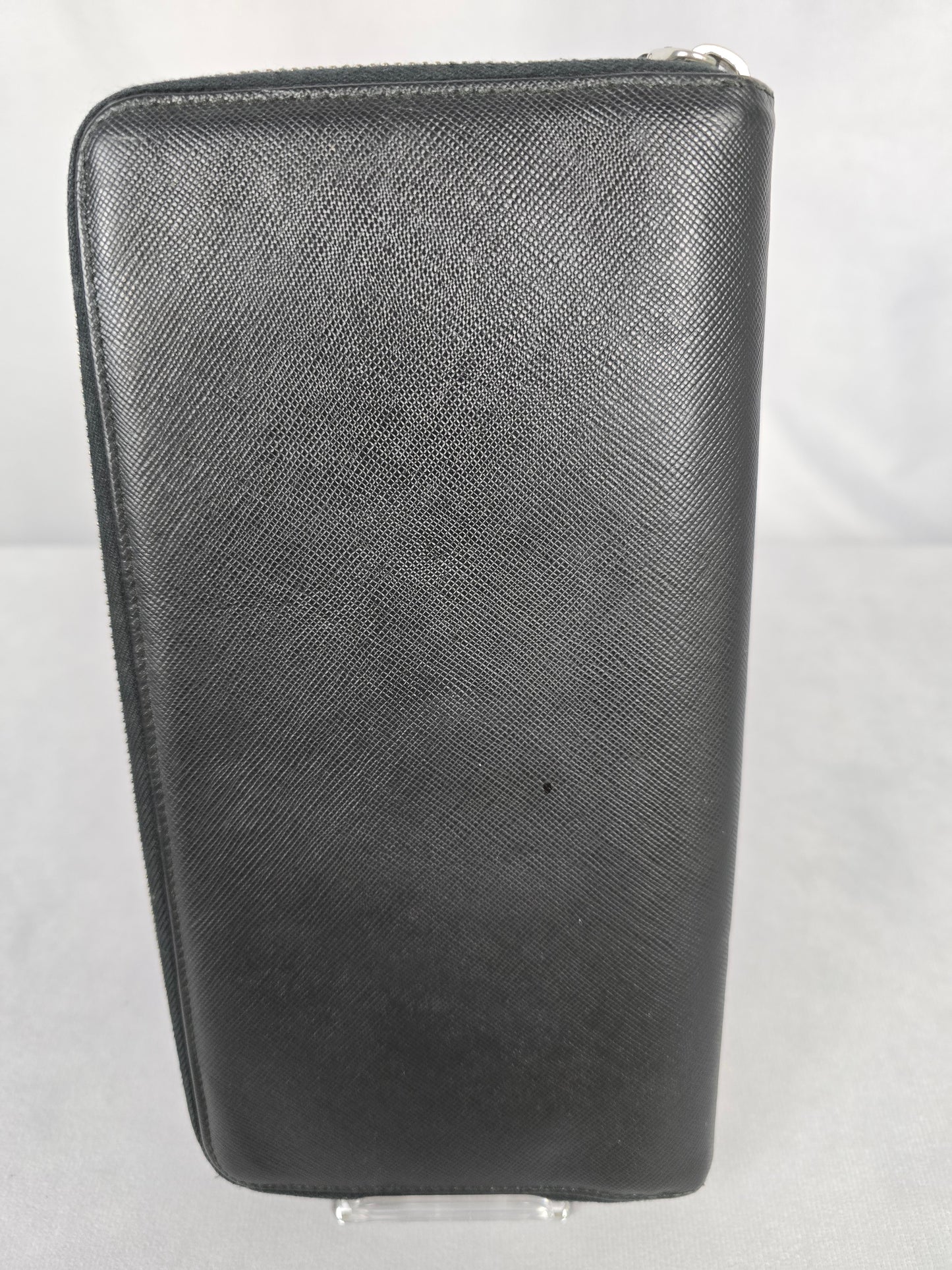 Prada Saffiano Black/Blue Leather Zip Around Organizer/Travel Wallet