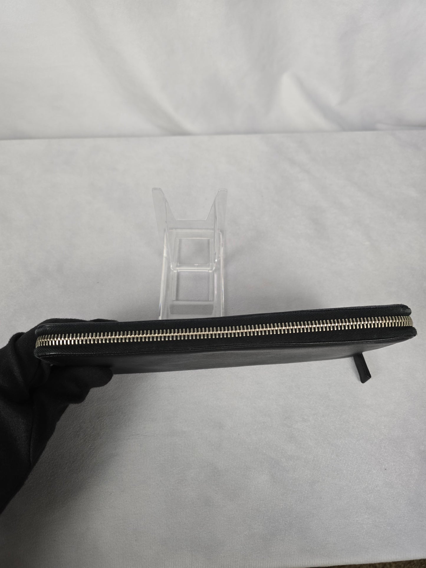 Prada Saffiano Black/Blue Leather Zip Around Organizer/Travel Wallet