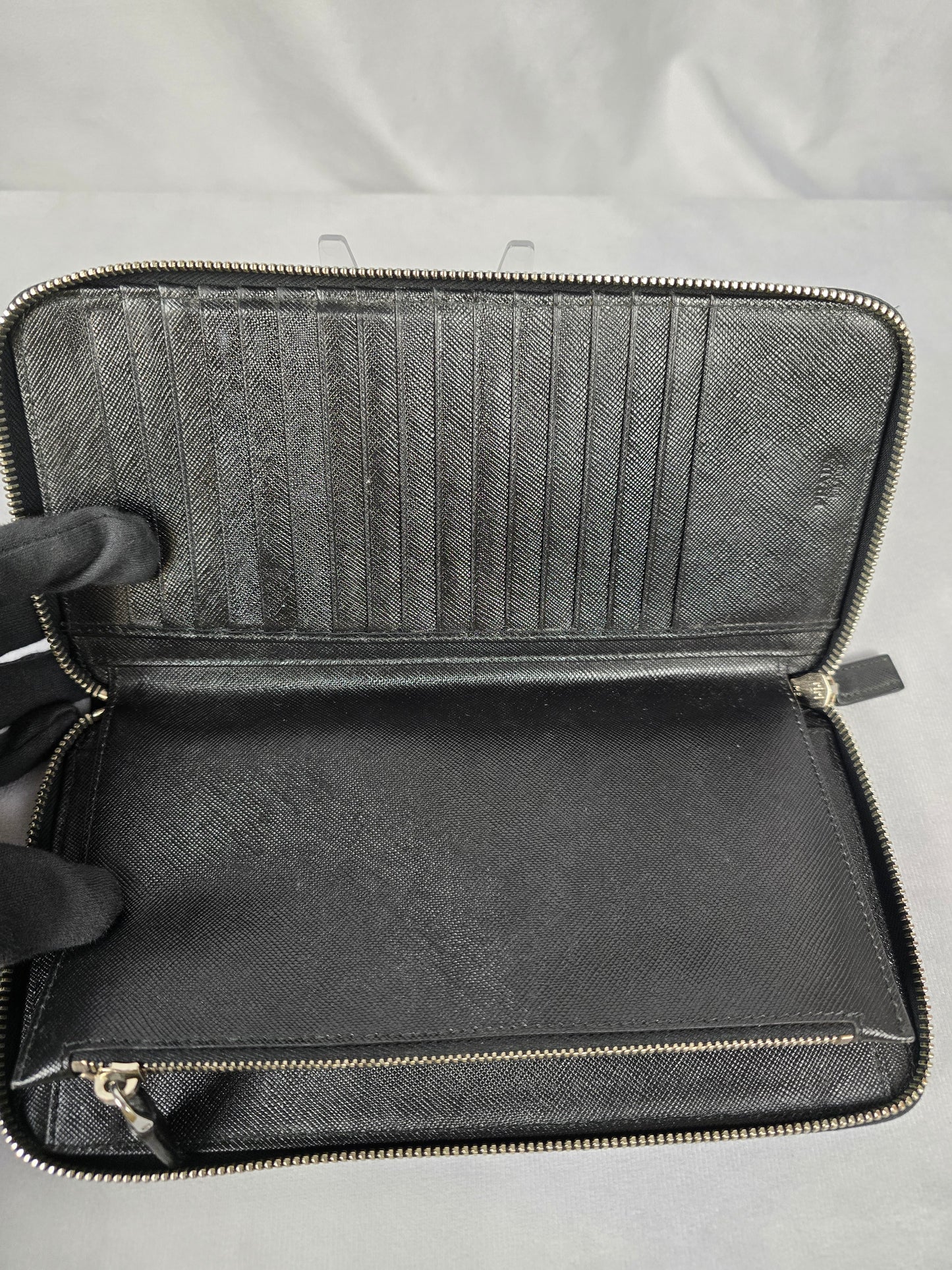 Prada Saffiano Black/Blue Leather Zip Around Organizer/Travel Wallet