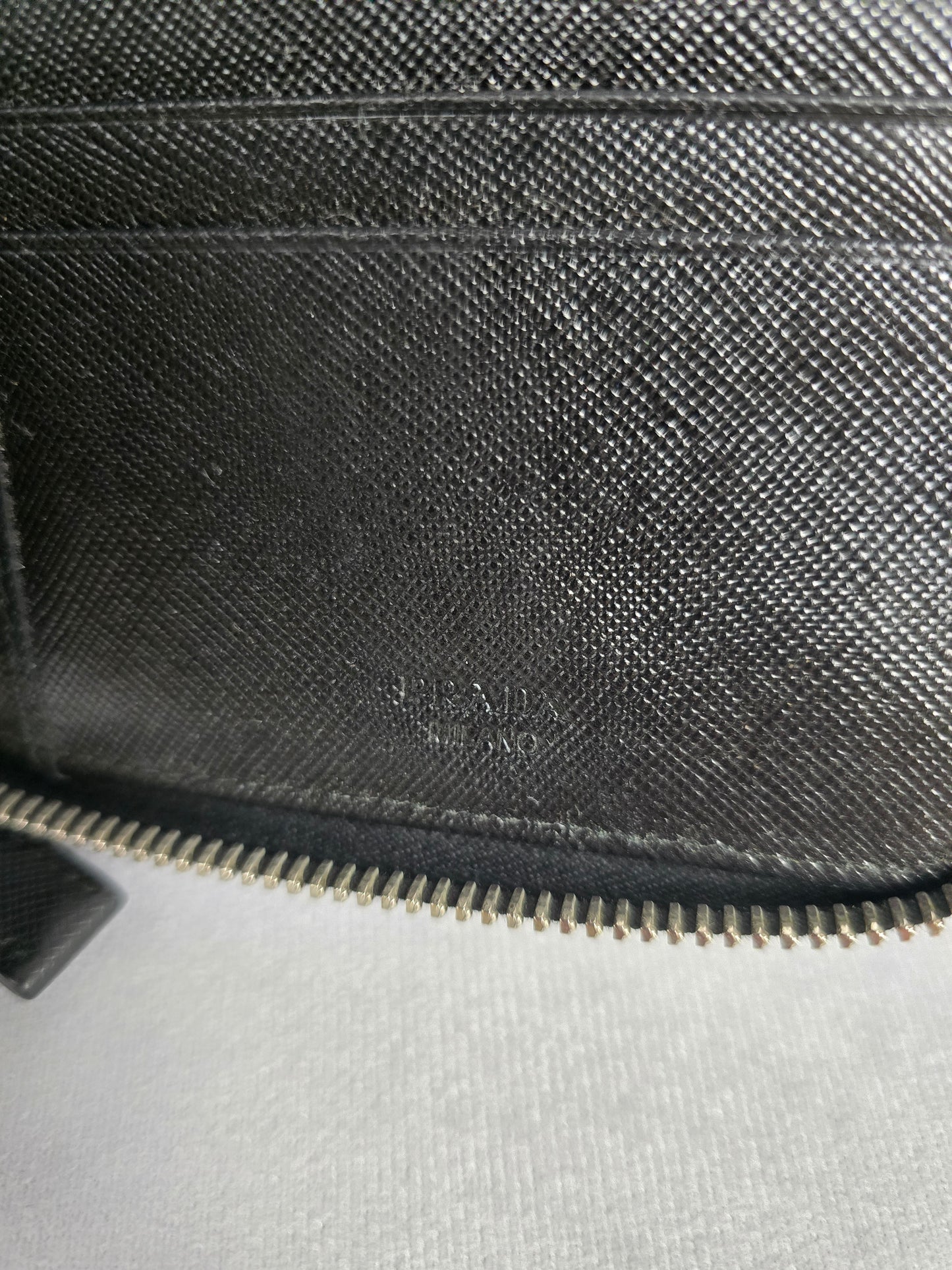 Prada Saffiano Black/Blue Leather Zip Around Organizer/Travel Wallet