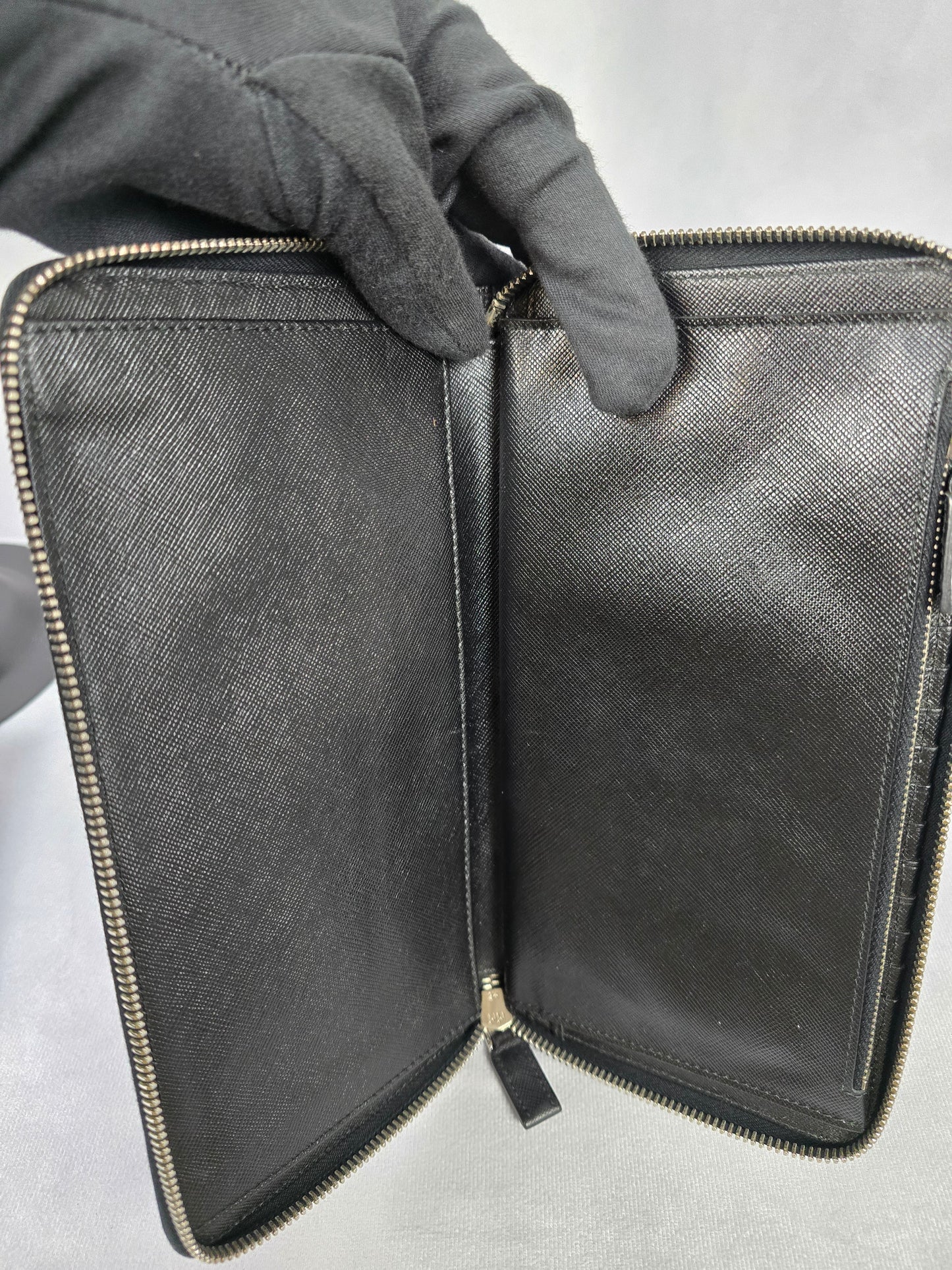 Prada Saffiano Black/Blue Leather Zip Around Organizer/Travel Wallet