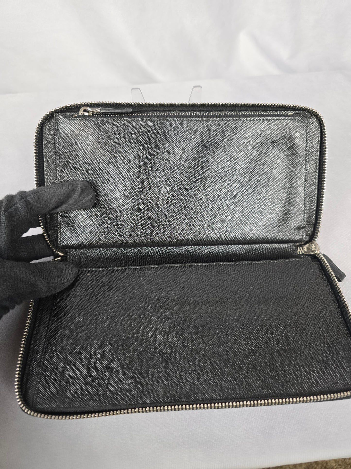 Prada Saffiano Black/Blue Leather Zip Around Organizer/Travel Wallet