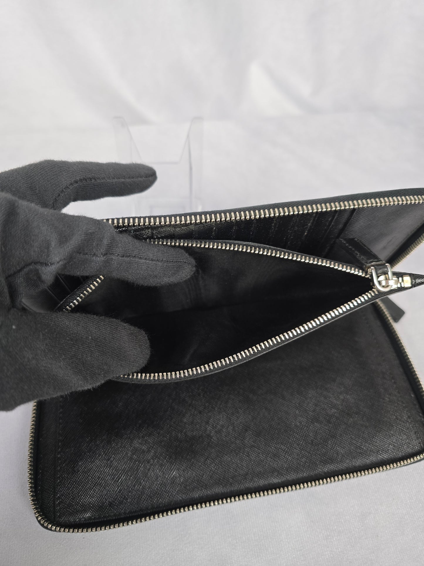 Prada Saffiano Black/Blue Leather Zip Around Organizer/Travel Wallet