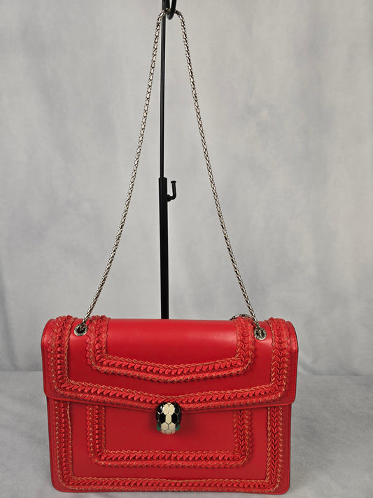 Bvlgari Serpenti Large Calfskin Red Leather Handbag with Shoulder Chain Strap