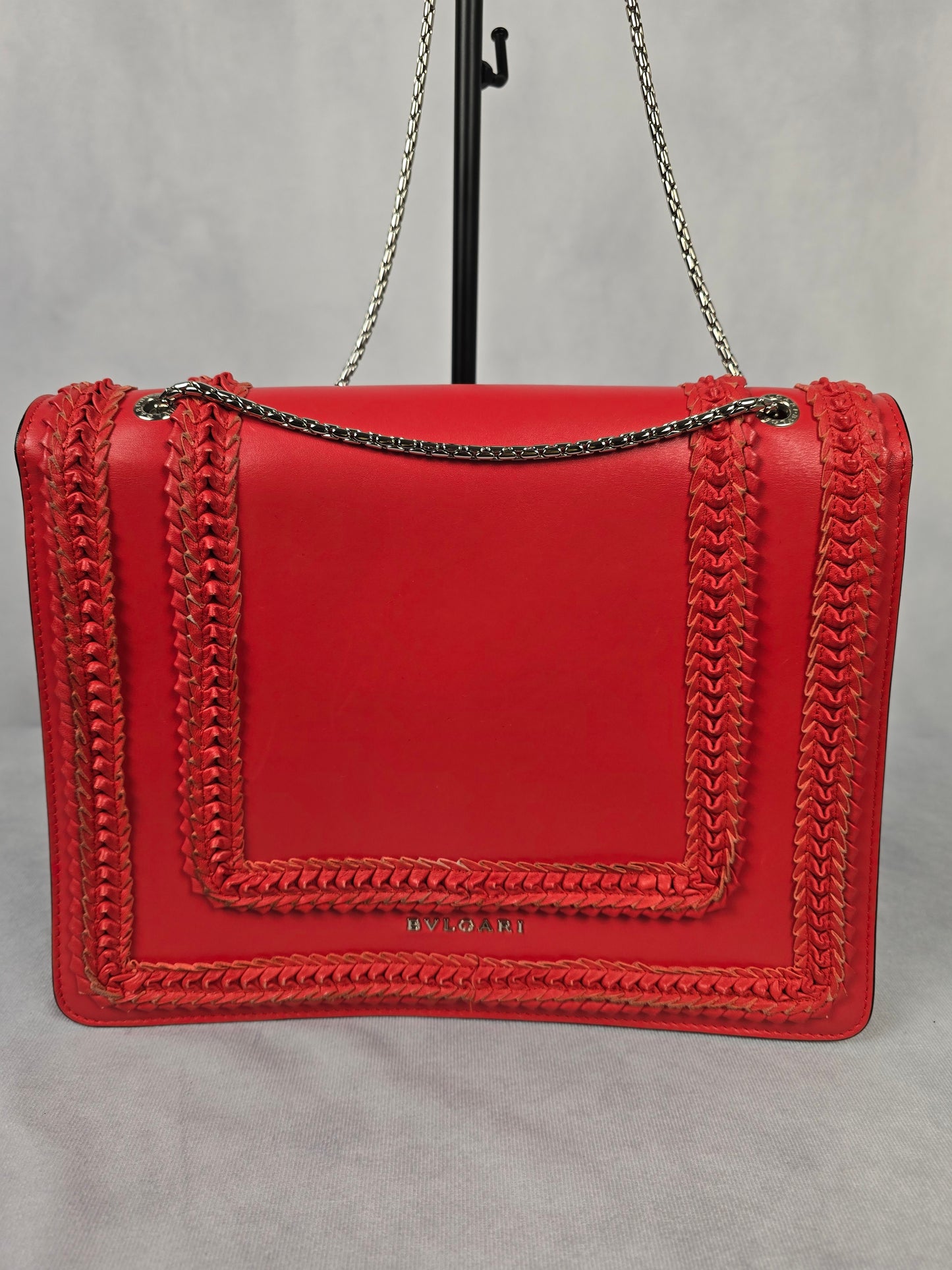 Bvlgari Serpenti Large Calfskin Red Leather Handbag with Shoulder Chain Strap