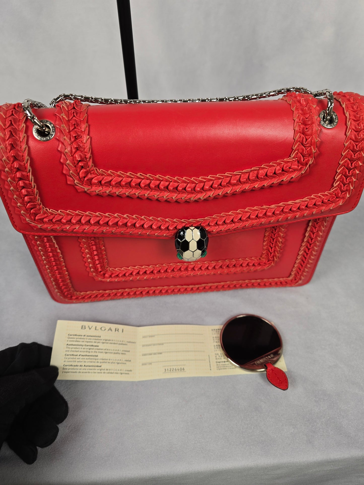 Bvlgari Serpenti Large Calfskin Red Leather Handbag with Shoulder Chain Strap