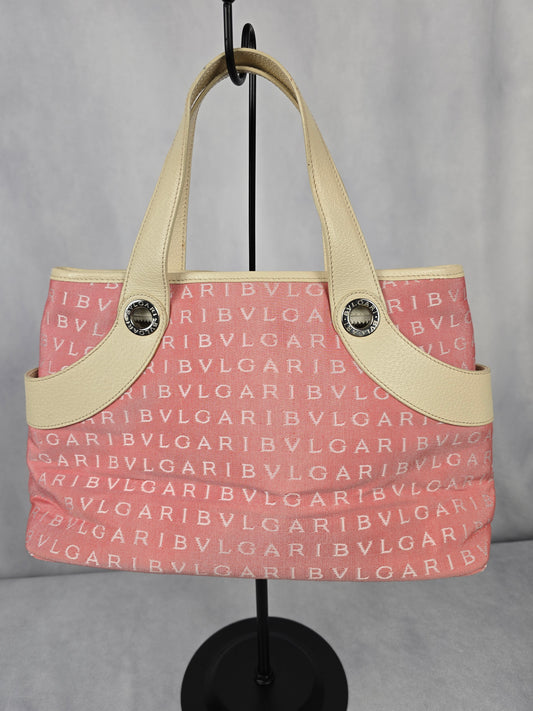 Bvlgari Vintage Logo Mania Tote Pink Canvas with leather trim