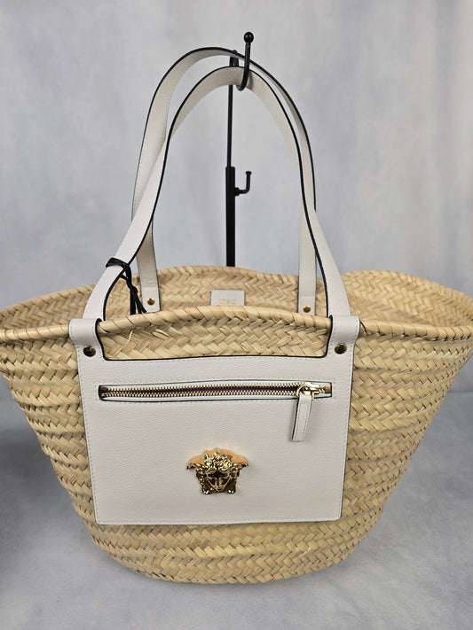 Versace Medusa Palazzo Logo Raffia Woven Straw and White Leather Tote-NEW