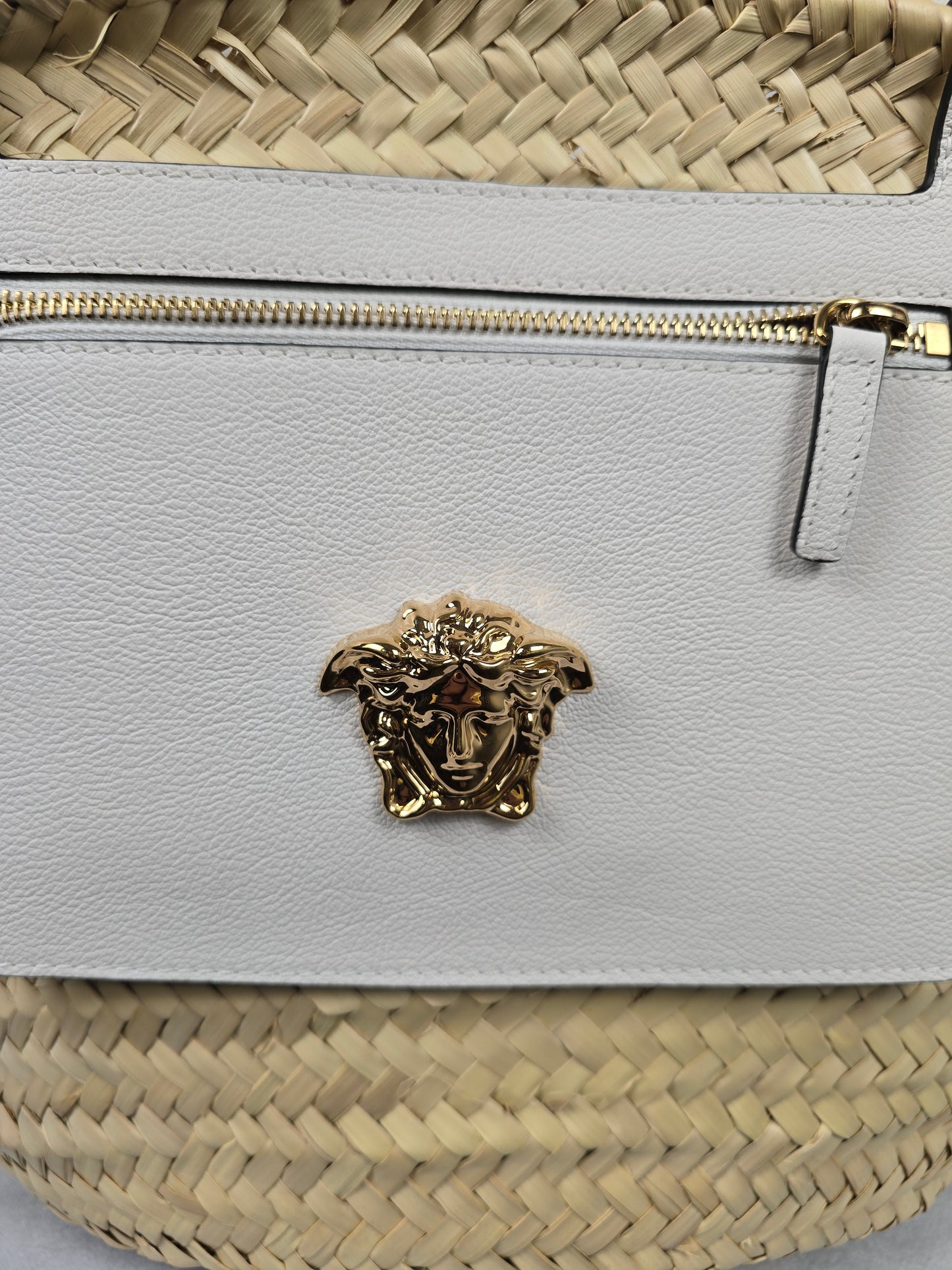 Versace Medusa Palazzo Logo Raffia Woven Straw and White Leather Tote-NEW