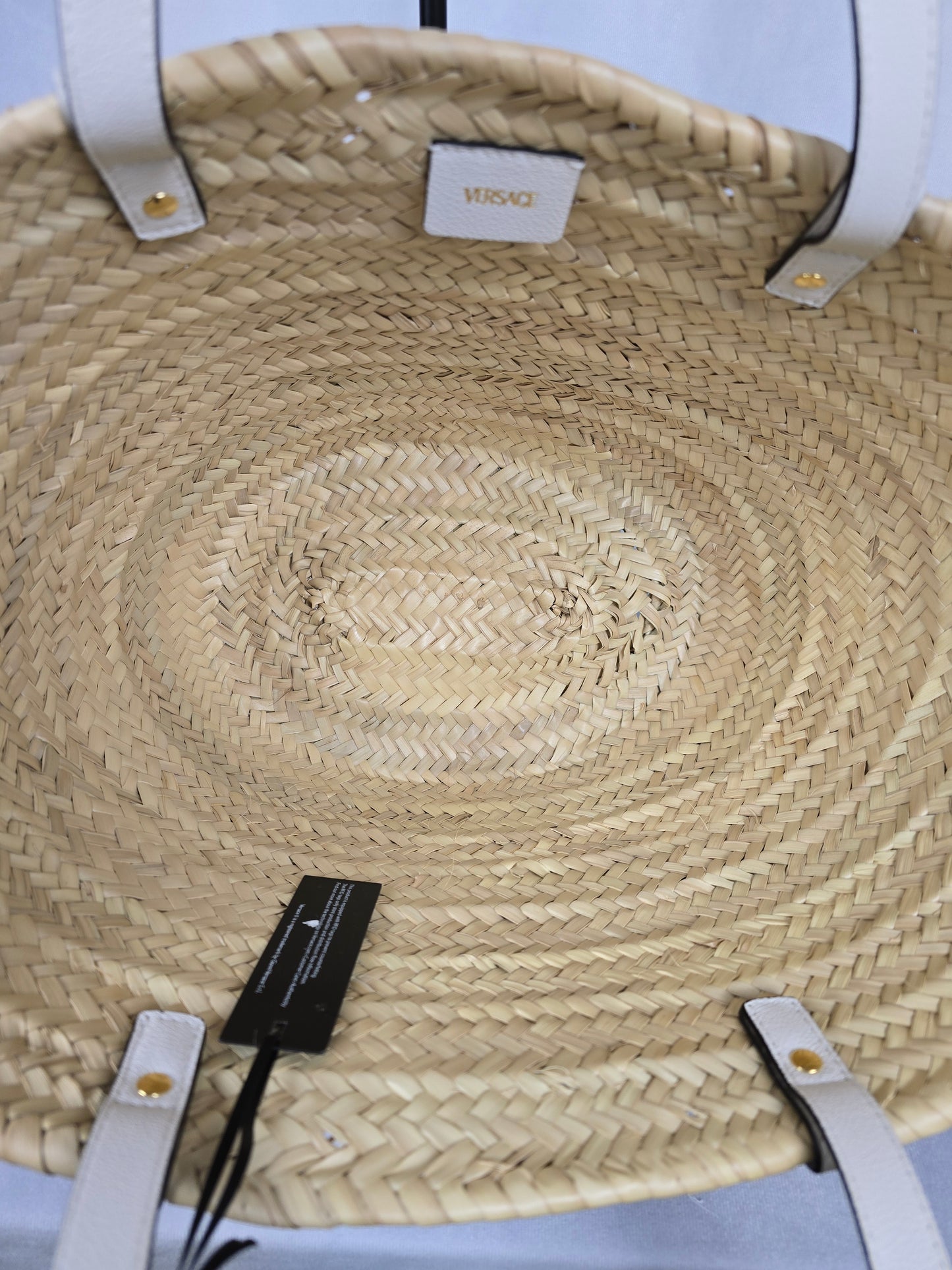 Versace Medusa Palazzo Logo Raffia Woven Straw and White Leather Tote-NEW