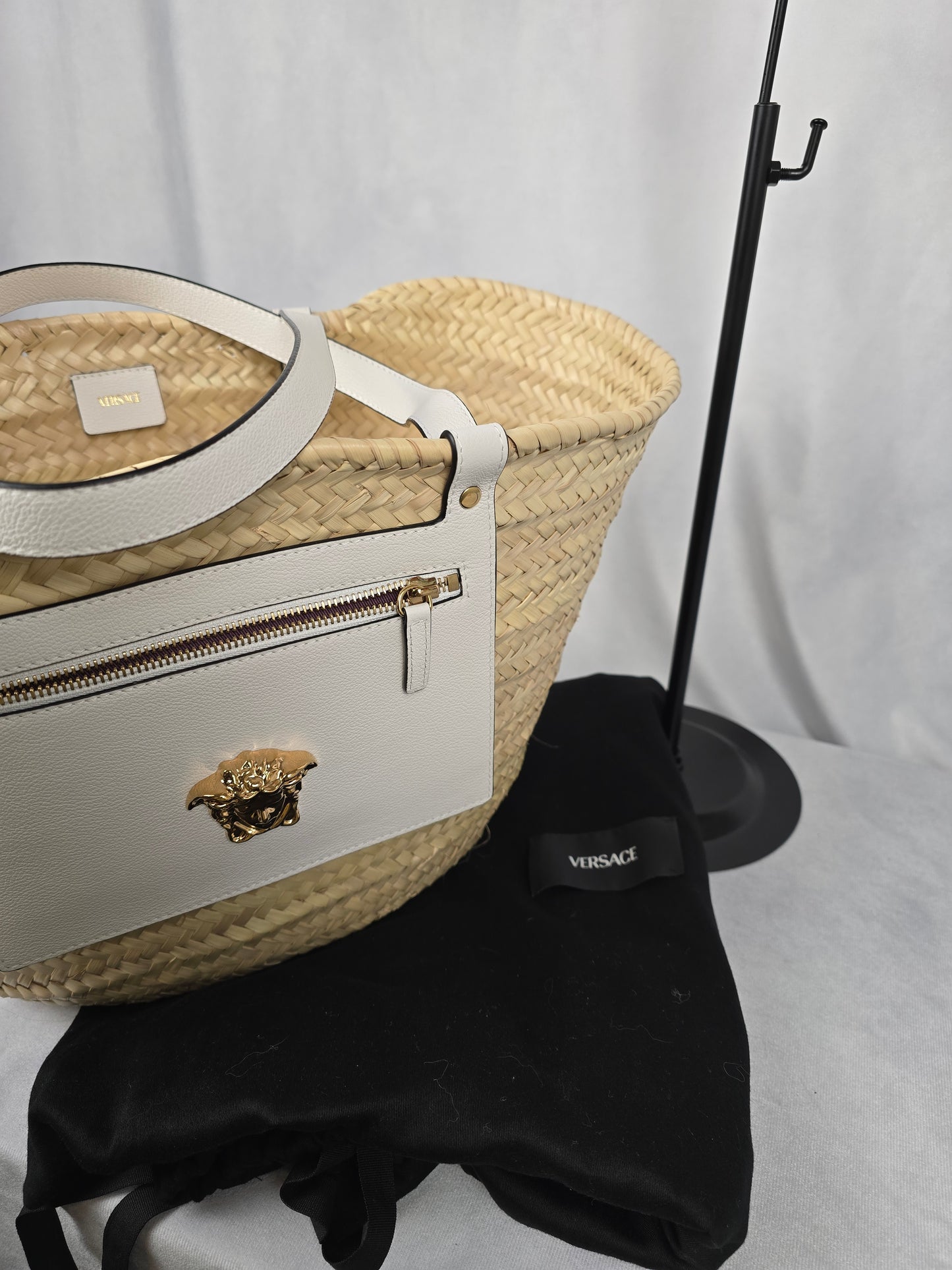 Versace Medusa Palazzo Logo Raffia Woven Straw and White Leather Tote-NEW