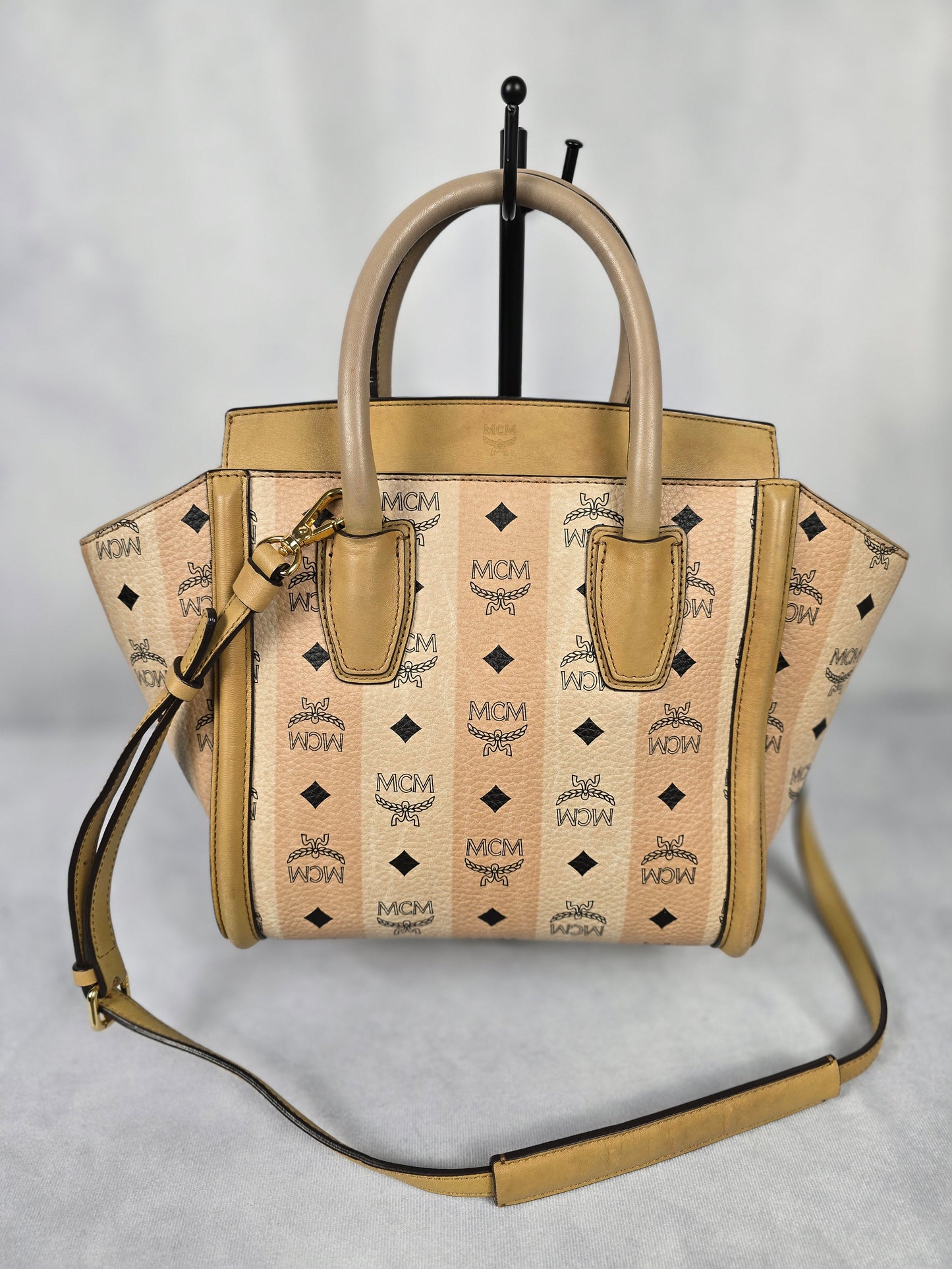 MCM Kathy Ivory and Pale Pink Stripe Visetos Leather Two - Way Tote