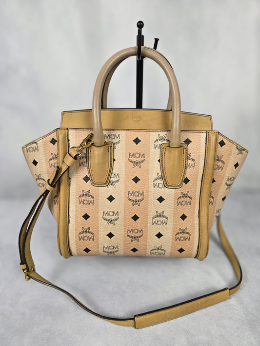 MCM Kathy Ivory and Pale Pink Stripe Visetos Leather Two - Way Tote