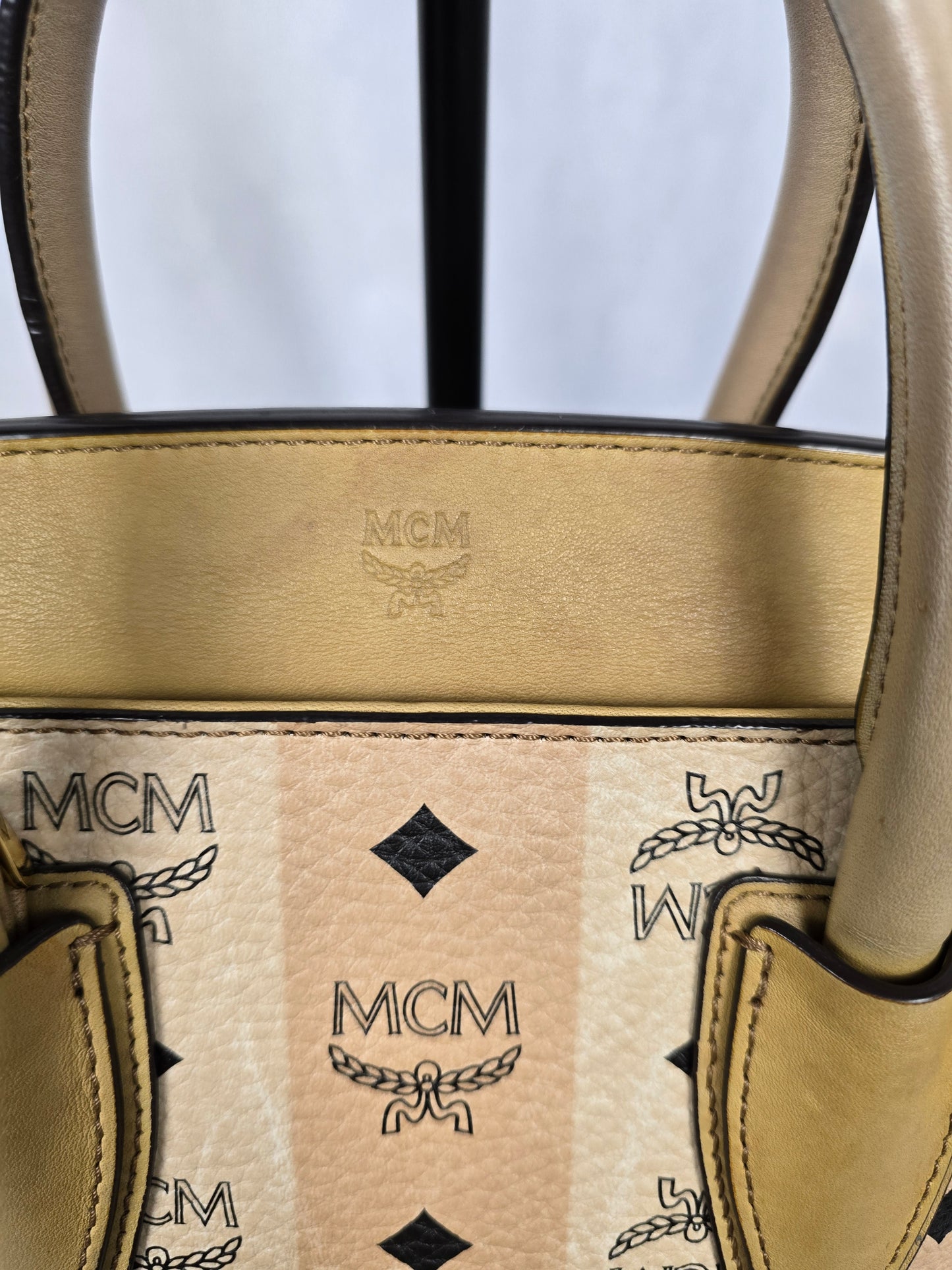 MCM Kathy Ivory and Pale Pink Stripe Visetos Leather Two - Way Tote