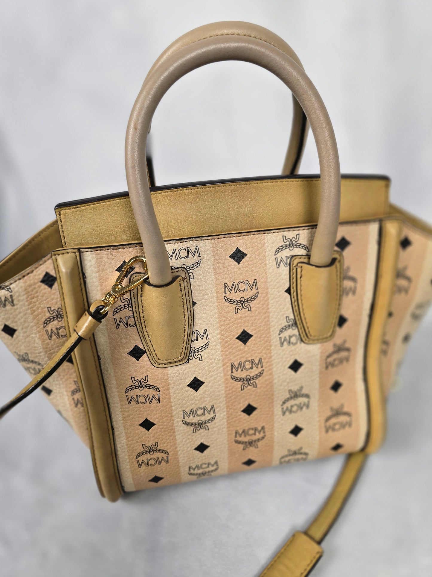 MCM Kathy Ivory and Pale Pink Stripe Visetos Leather Two - Way Tote