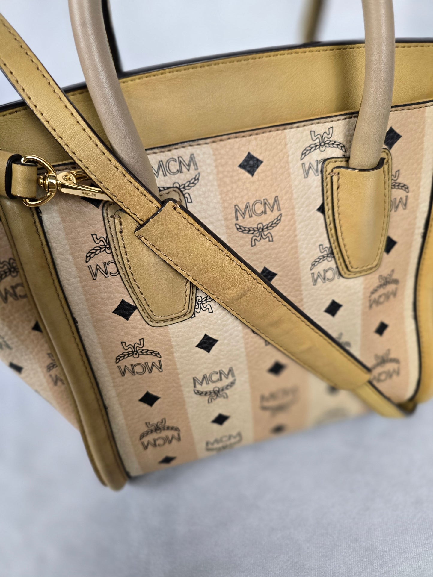 MCM Kathy Ivory and Pale Pink Stripe Visetos Leather Two - Way Tote