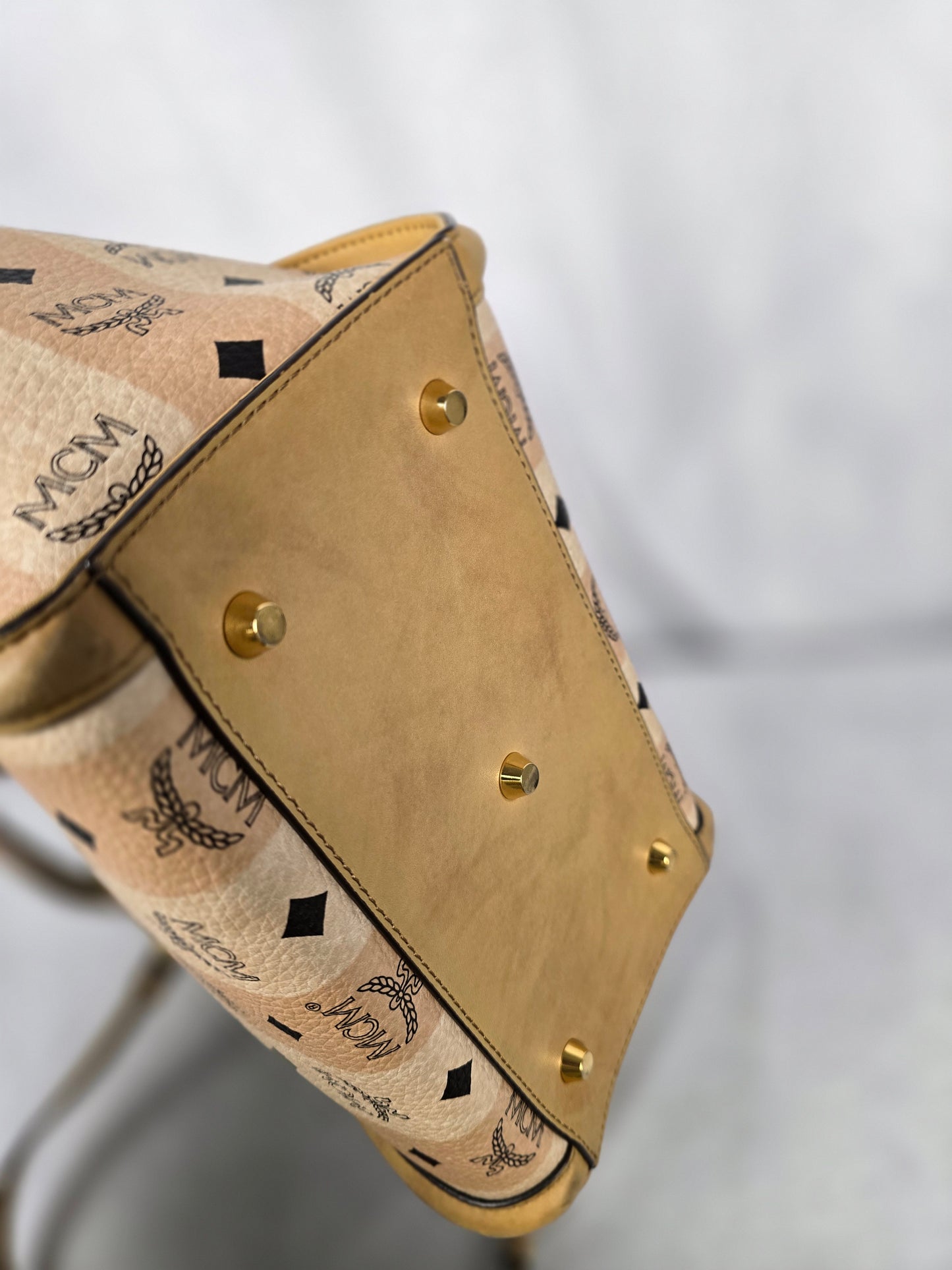 MCM Kathy Ivory and Pale Pink Stripe Visetos Leather Two - Way Tote