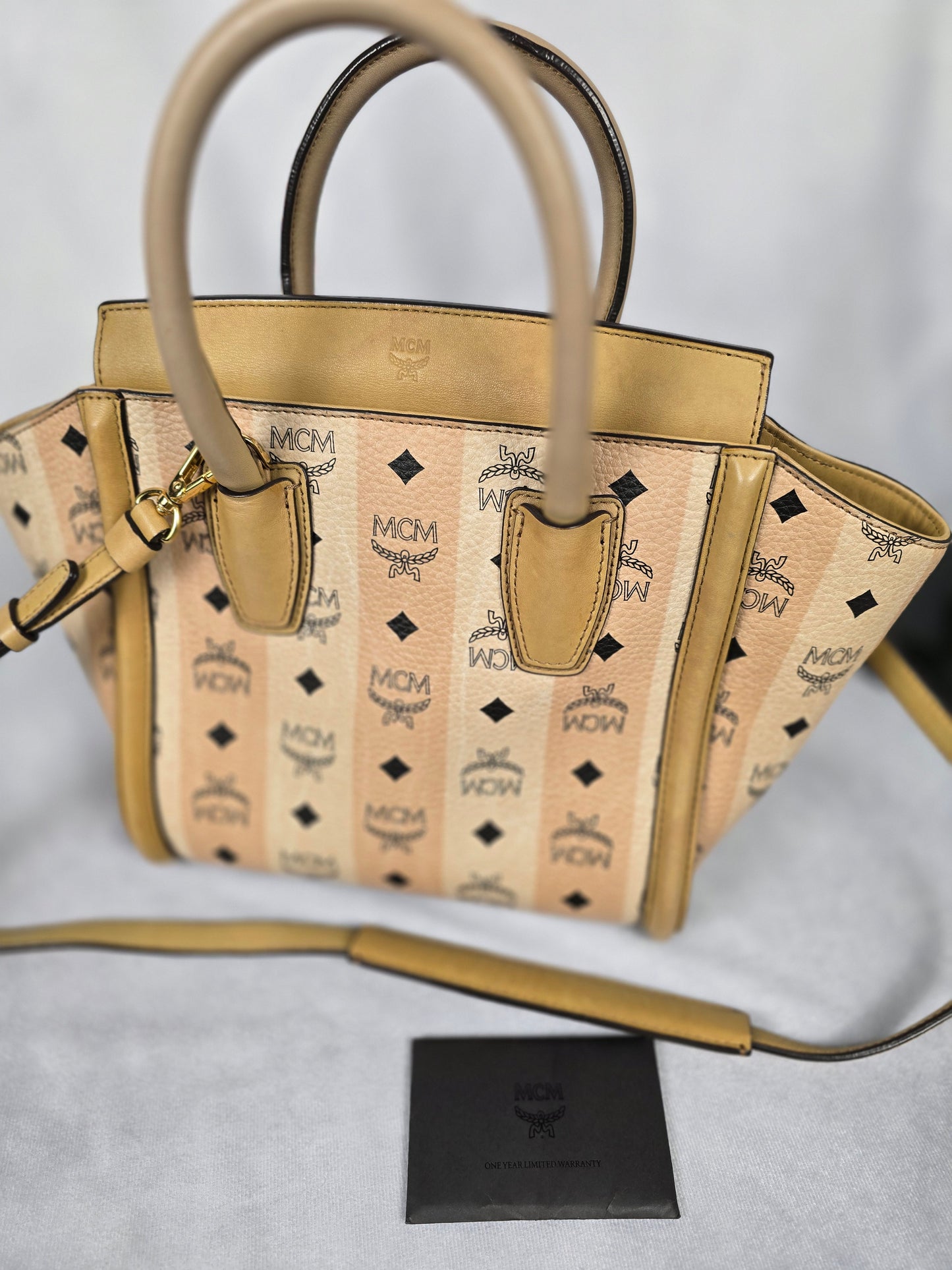 MCM Kathy Ivory and Pale Pink Stripe Visetos Leather Two - Way Tote