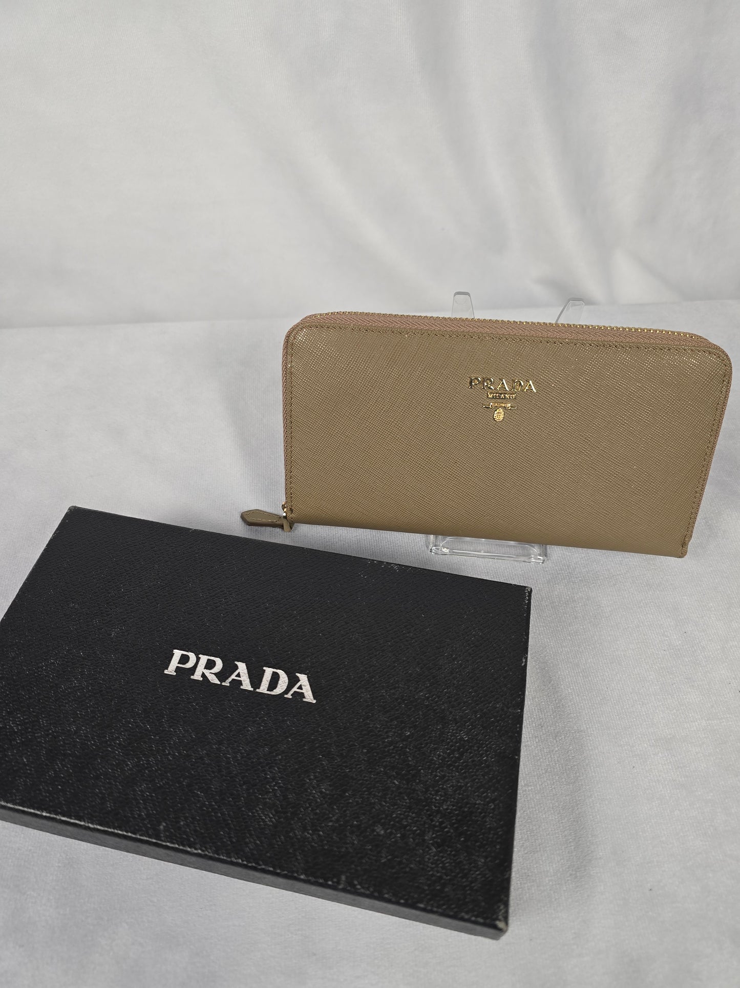 Prada Vitello Saffiano Beige Leather Zip Around Long Wallet