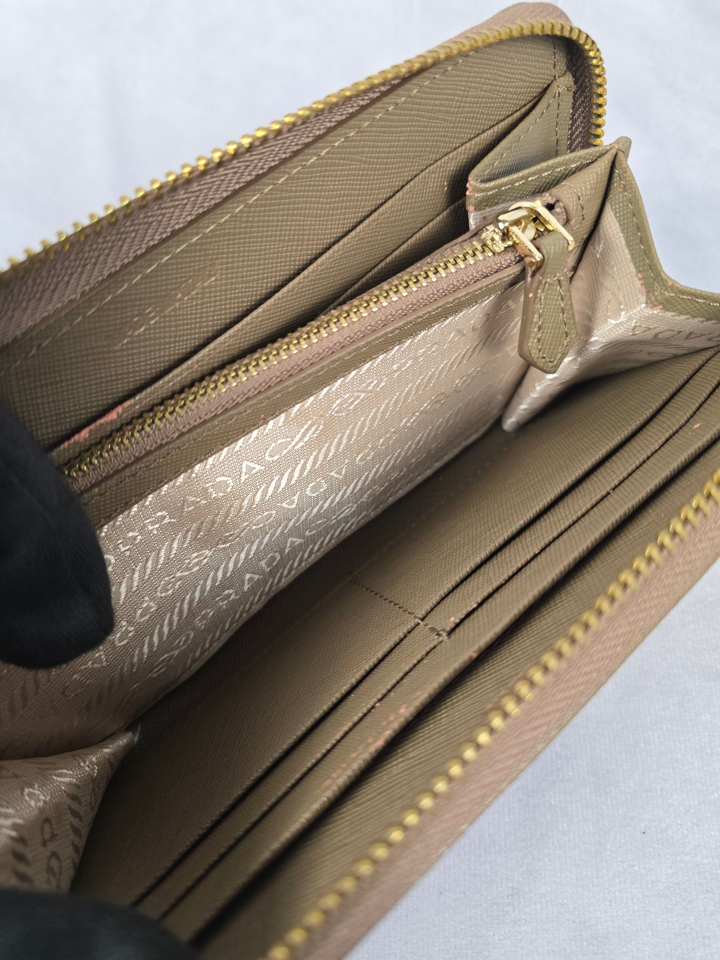 Prada Vitello Saffiano Beige Leather Zip Around Long Wallet