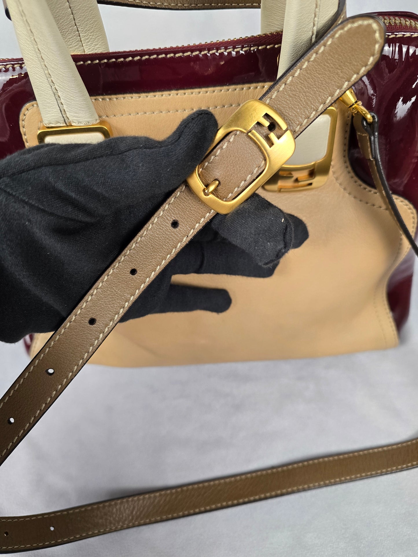 Fendi Chameleon Leather and Burgundy Patent Leather Two-Way Handbag