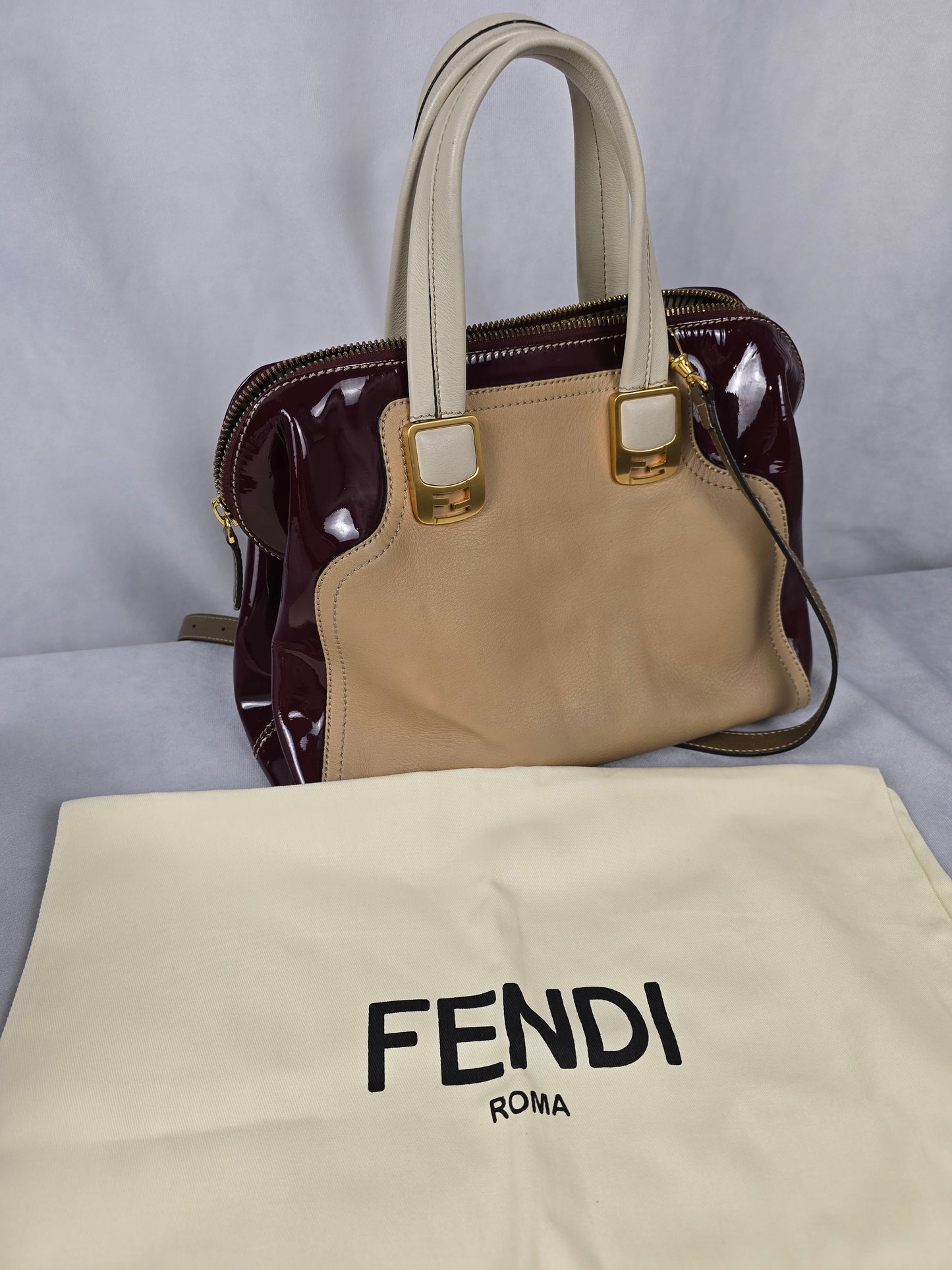 Fendi Chameleon Leather and Burgundy Patent Leather Two-Way Handbag