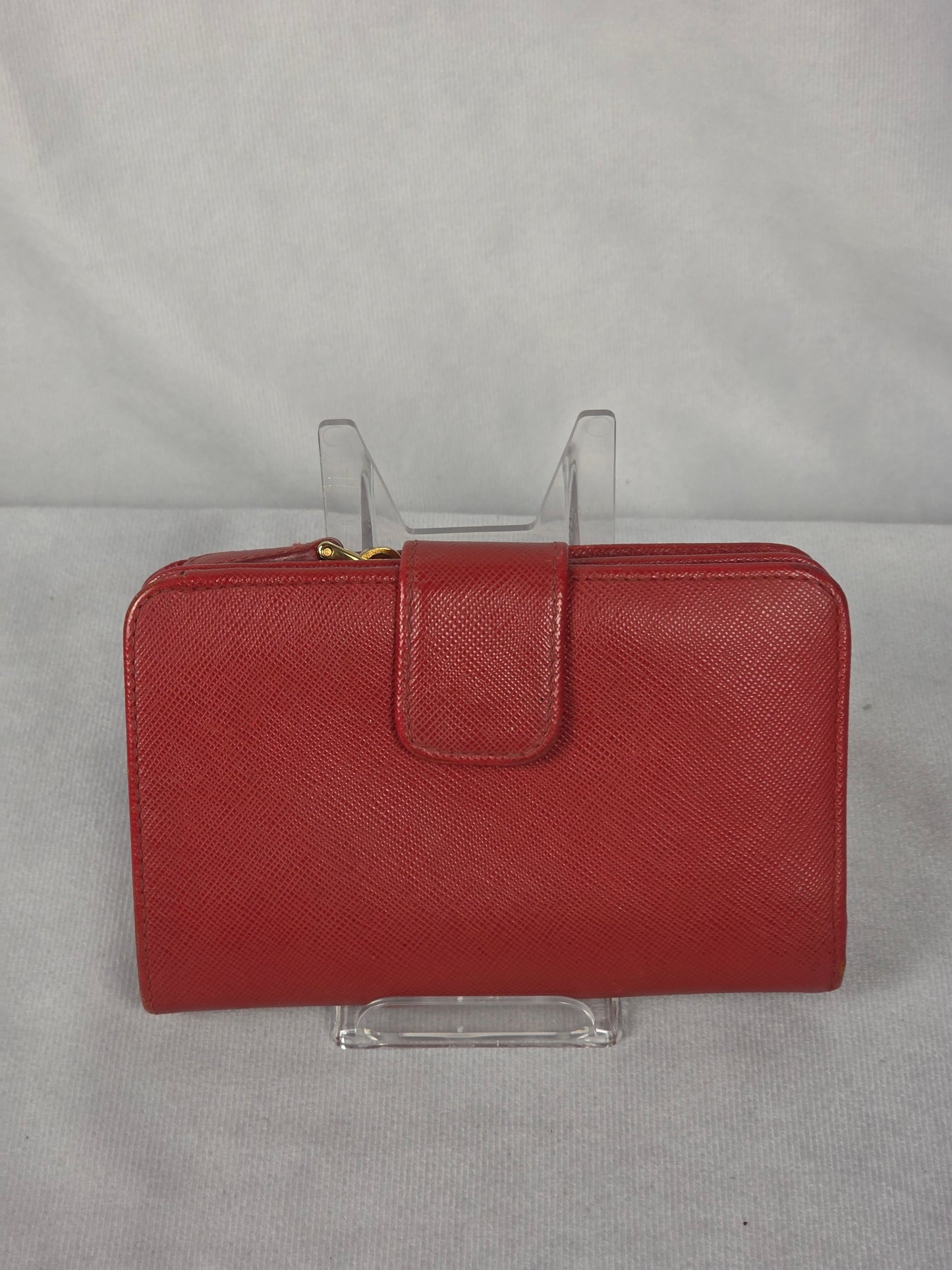 PRADA SAFFIANO RED TRIANGLE MOTIF ZIP/BIFOLD WALLET