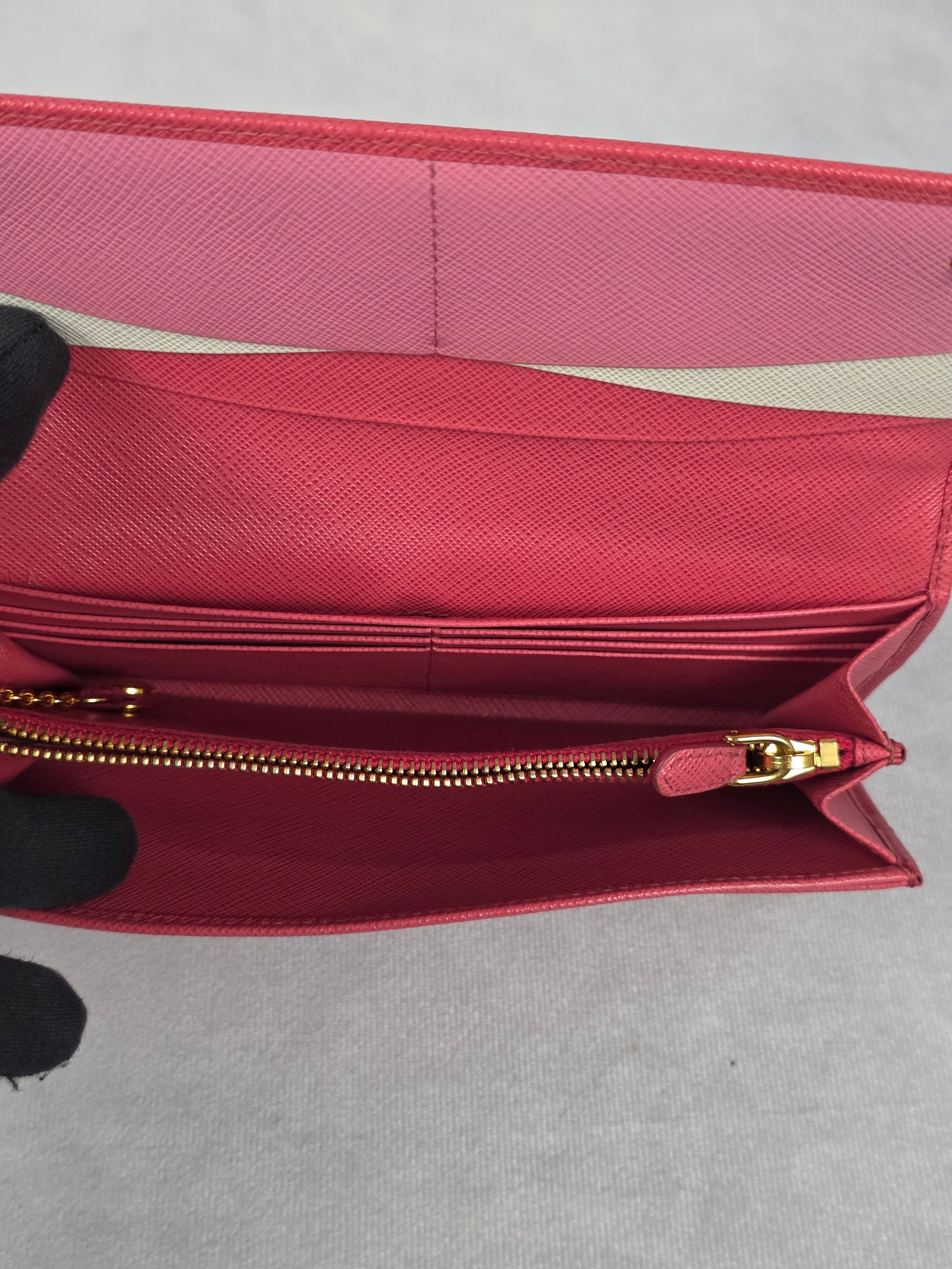 PRADA PINK SAFFIANO LONG WALLET w/ BABY CARD HOLDER