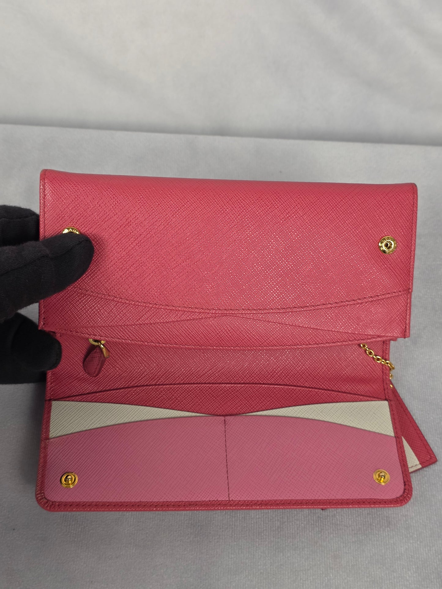 PRADA PINK SAFFIANO LONG WALLET w/ BABY CARD HOLDER