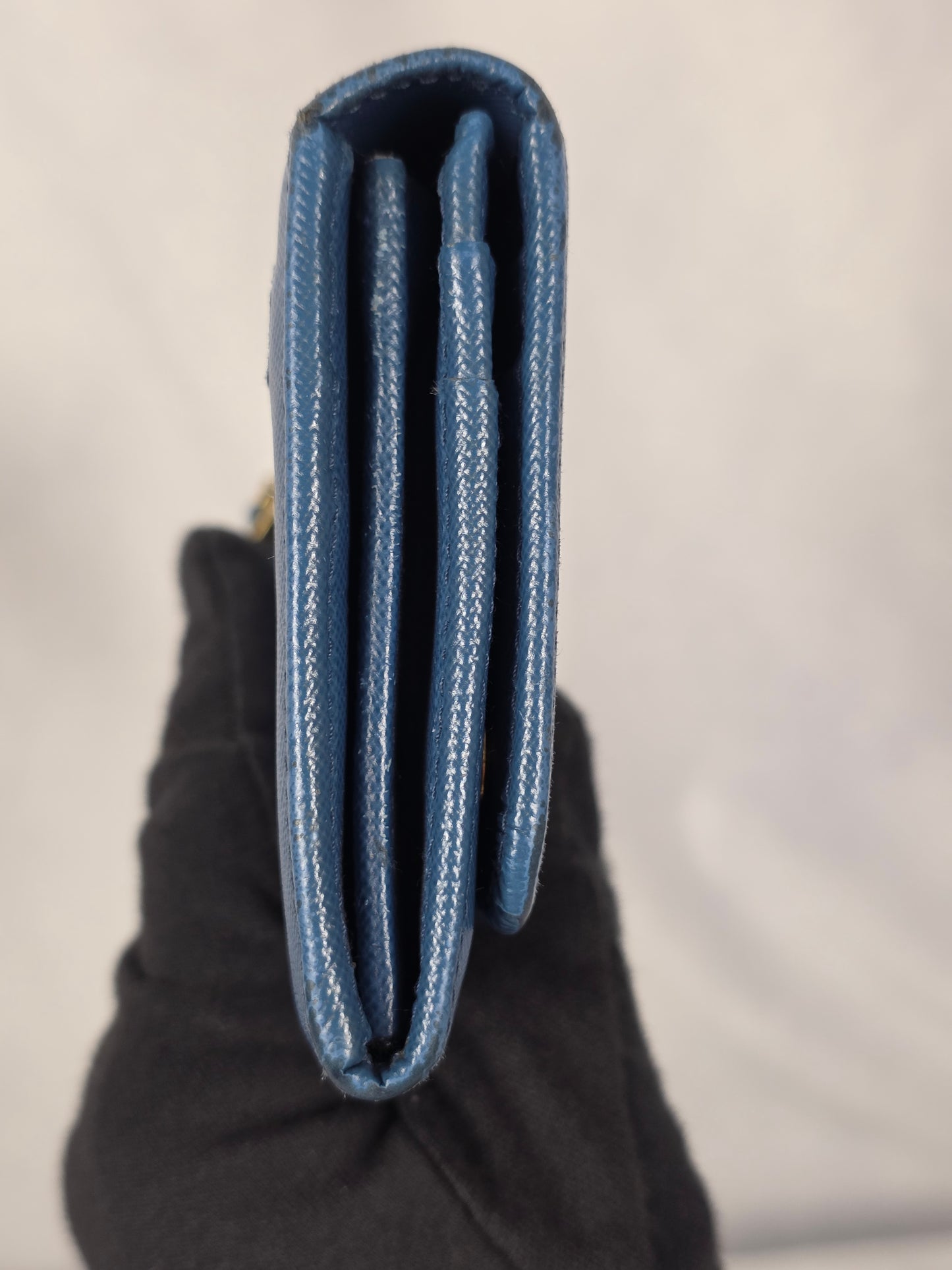 PRADA SAFFIANO BLUE FLAP CONTINENTAL WALLET