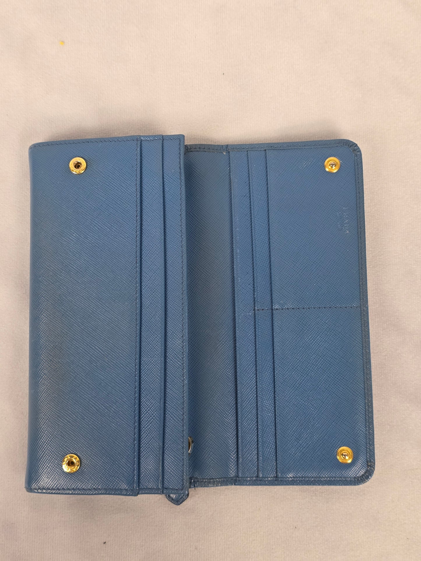 PRADA SAFFIANO BLUE FLAP CONTINENTAL WALLET