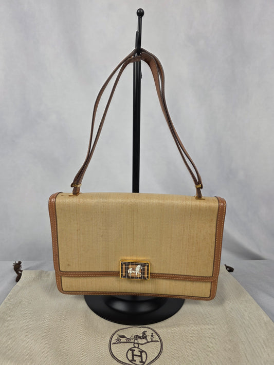 HERMES VINTAGE BEIGE BROWN CRINOLINE COURCHEVEL VINTAGE SHOULDER BAG