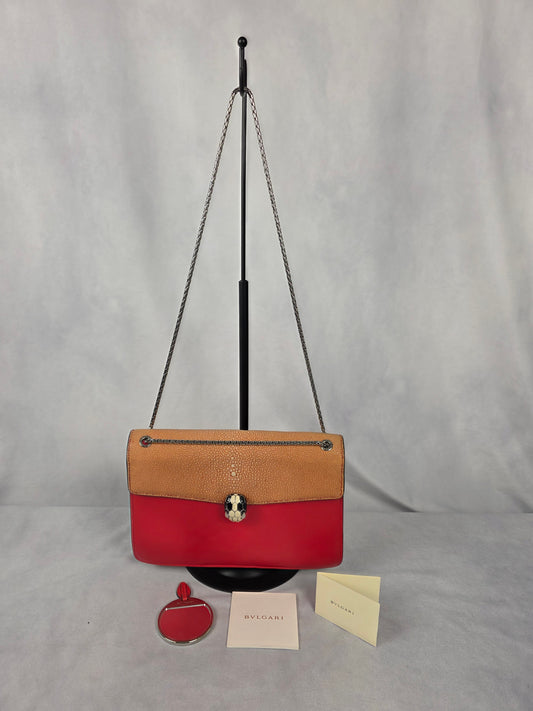 BVLGARI SERPENTI FOREVER CROSSBODY BAG IN RED W/ GALUCHAT "STINGRAY" LEATHER FLAP