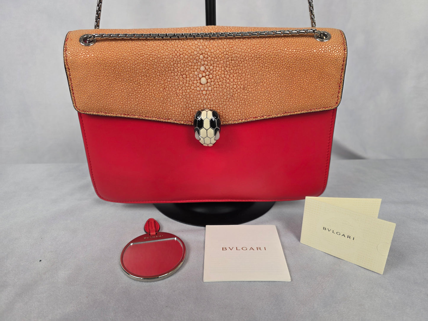 BVLGARI SERPENTI FOREVER CROSSBODY BAG IN RED W/ GALUCHAT "STINGRAY" LEATHER FLAP