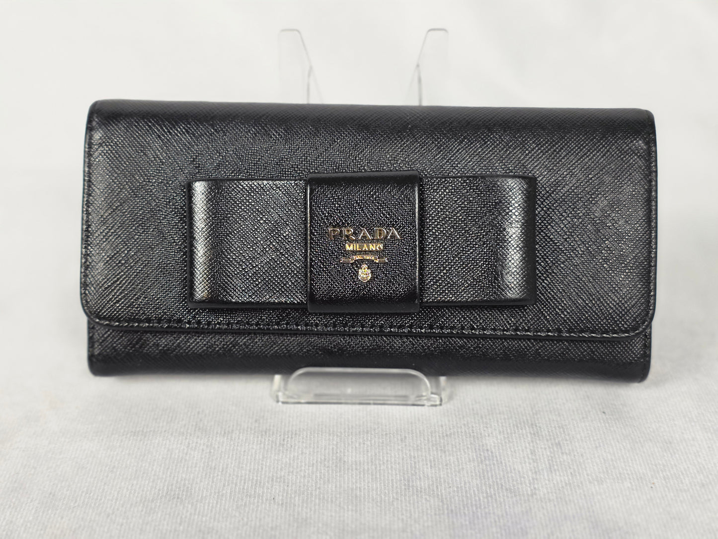 PRADA BLACK BOW ACCENT SAFFIANO LEATHER LONG WALLET WITH BABY CARD CARRIER