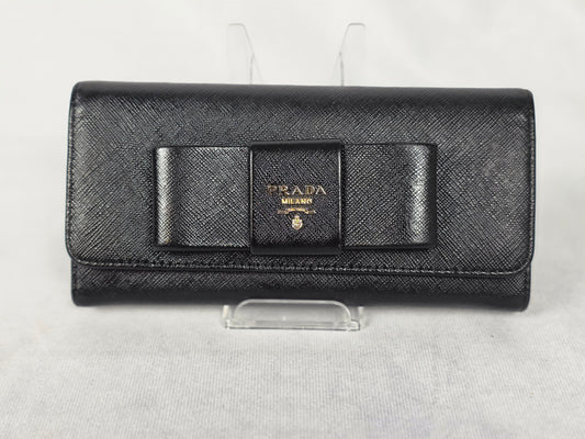PRADA BLACK BOW ACCENT SAFFIANO LEATHER LONG WALLET WITH BABY CARD CARRIER