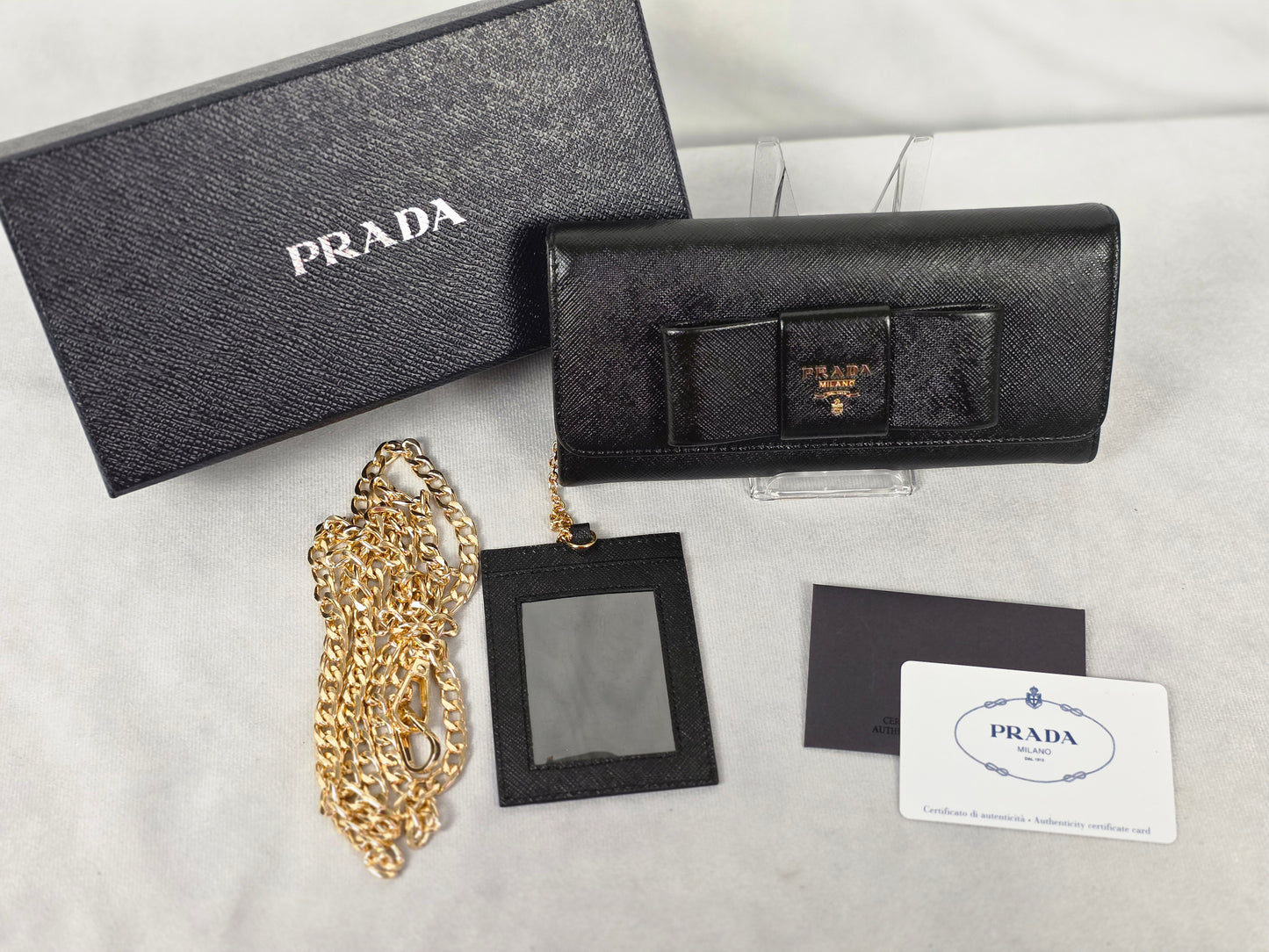 PRADA BLACK BOW ACCENT SAFFIANO LEATHER LONG WALLET WITH BABY CARD CARRIER