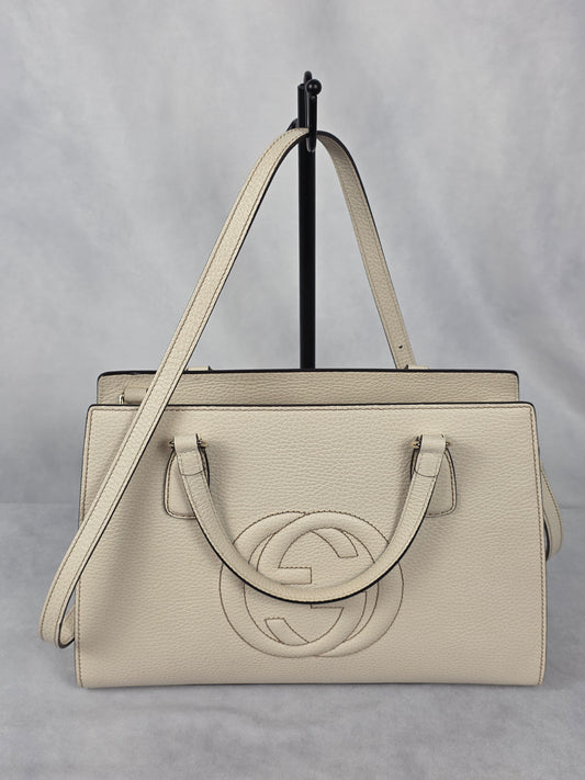 GUCCI SOHO TOP HANDLE BAG, BLACK W/ WHITE PEBBLED LEATHER