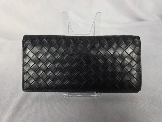 BOTTEGA BLACK INTRECCIATO WOVEN LONG FLAP WALLET