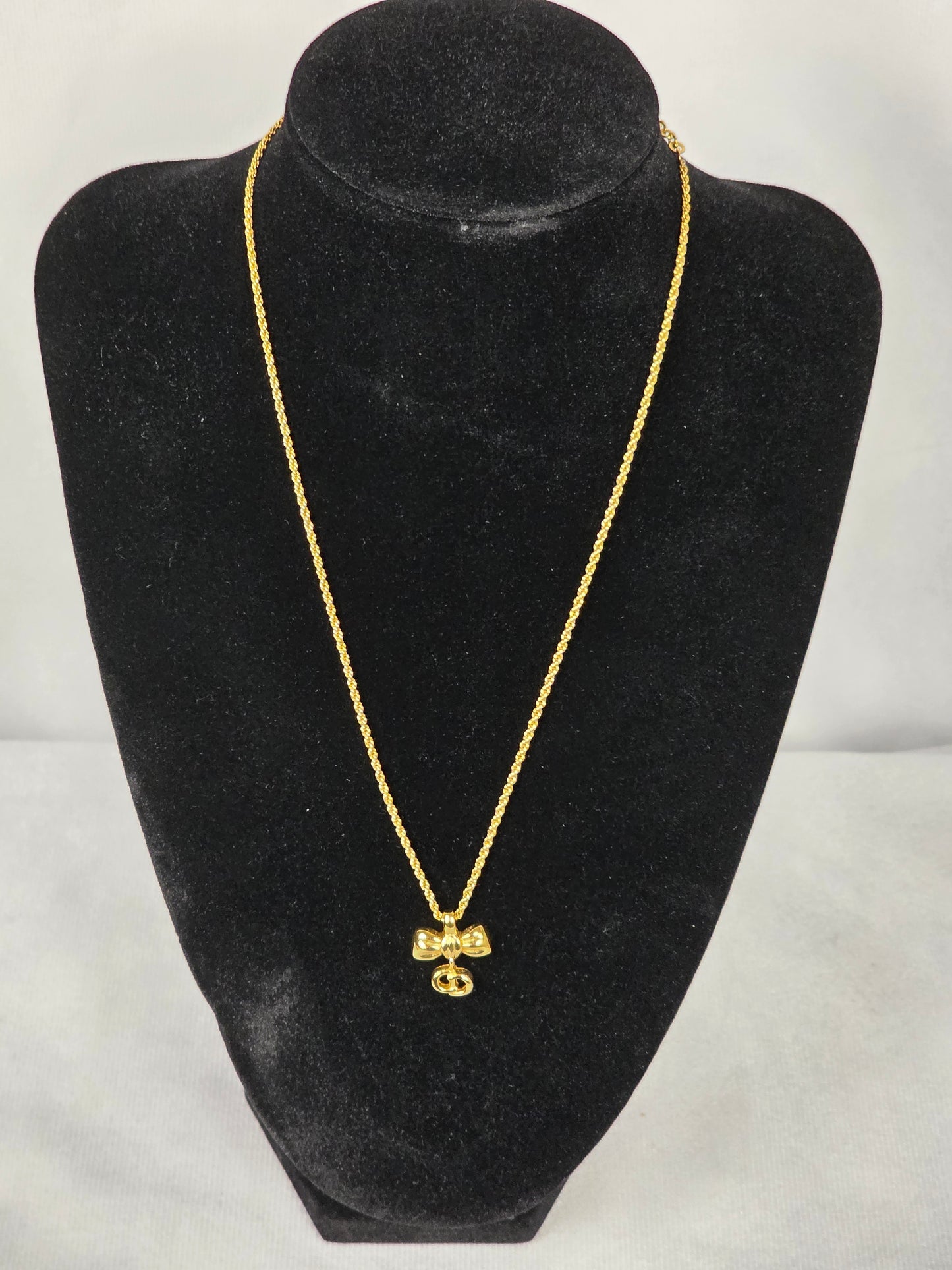 Vintage Christian Dior Gold-Plated Ribbon "CD" Logo Pendant Necklace