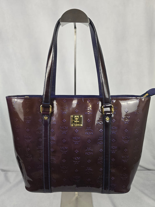 MCM Amarante Visetos Patten Leather Tote in a Brown/Purple