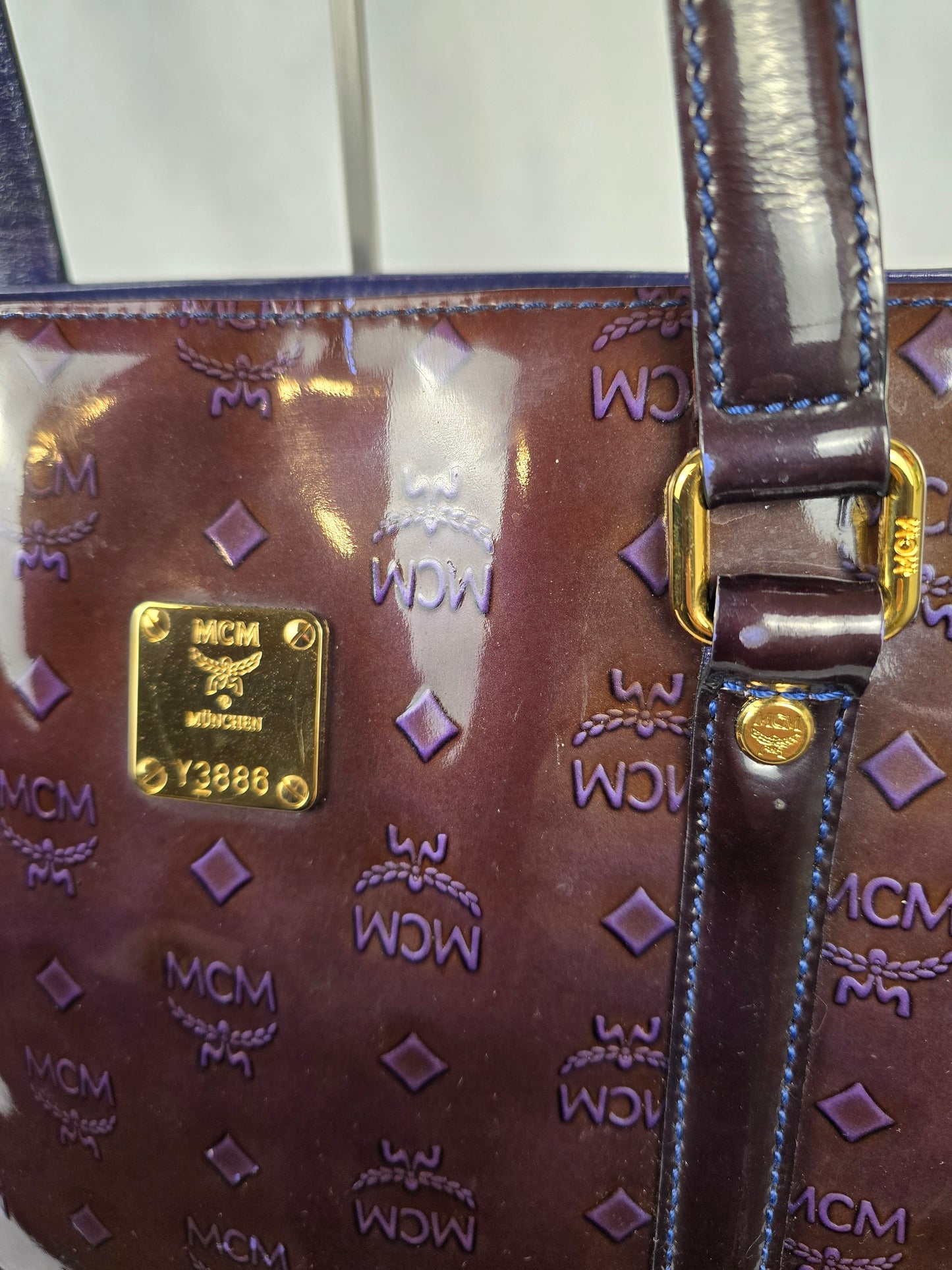 MCM Amarante Visetos Patten Leather Tote in a Brown/Purple