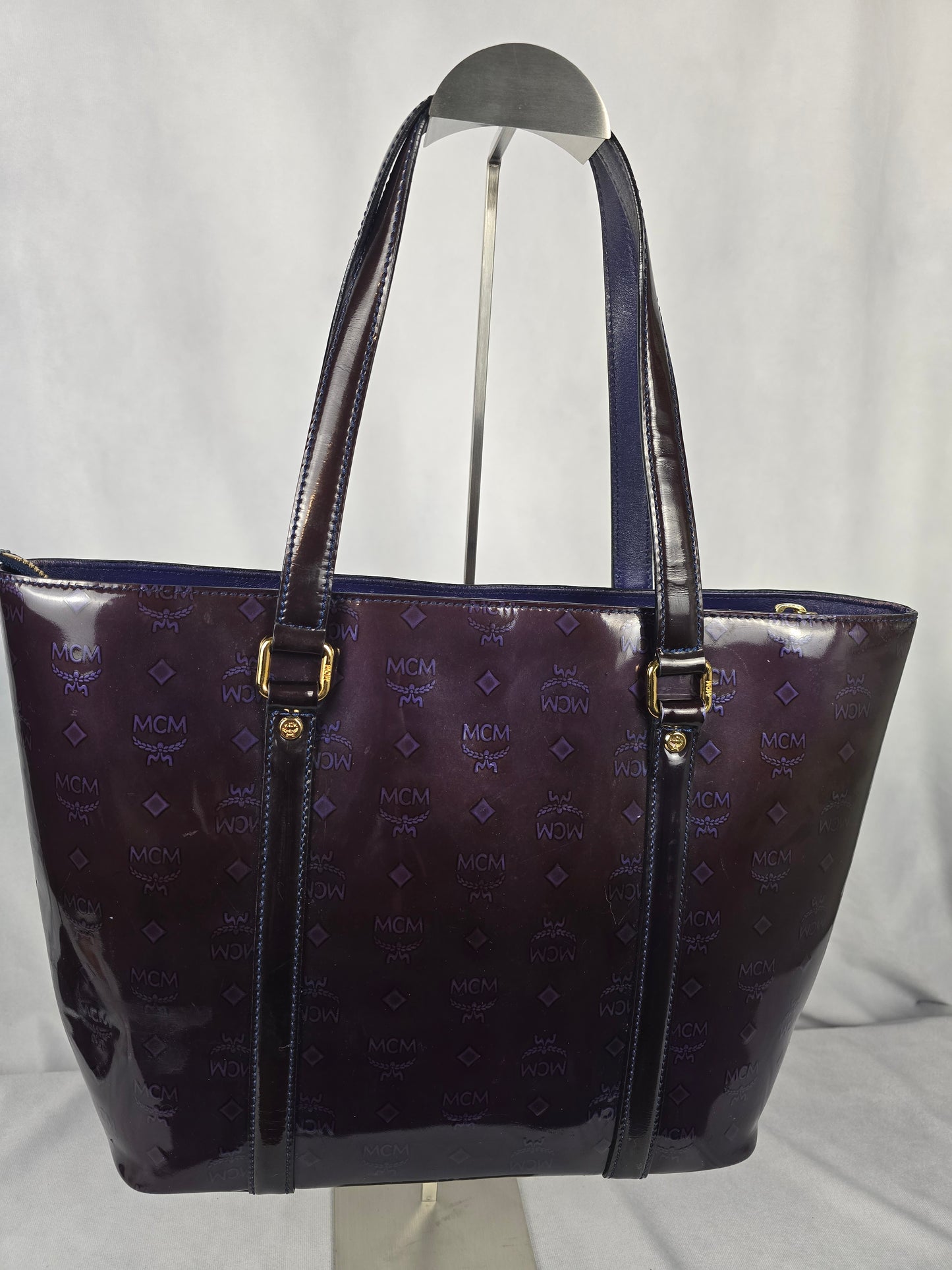 MCM Amarante Visetos Patten Leather Tote in a Brown/Purple
