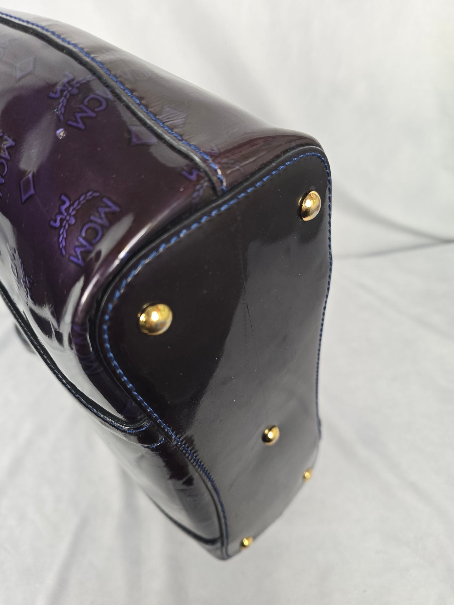 MCM Amarante Visetos Patten Leather Tote in a Brown/Purple