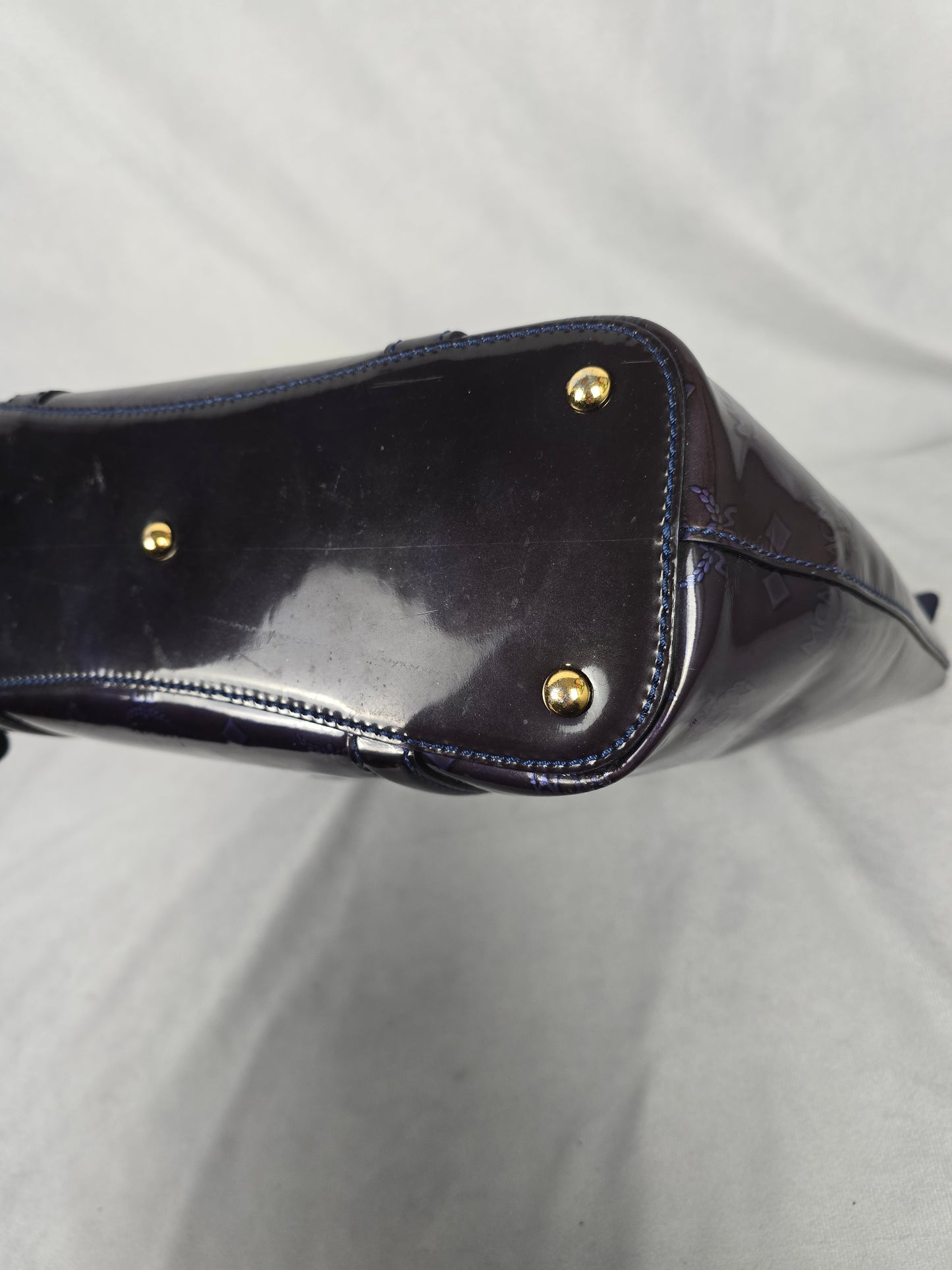 MCM Amarante Visetos Patten Leather Tote in a Brown/Purple